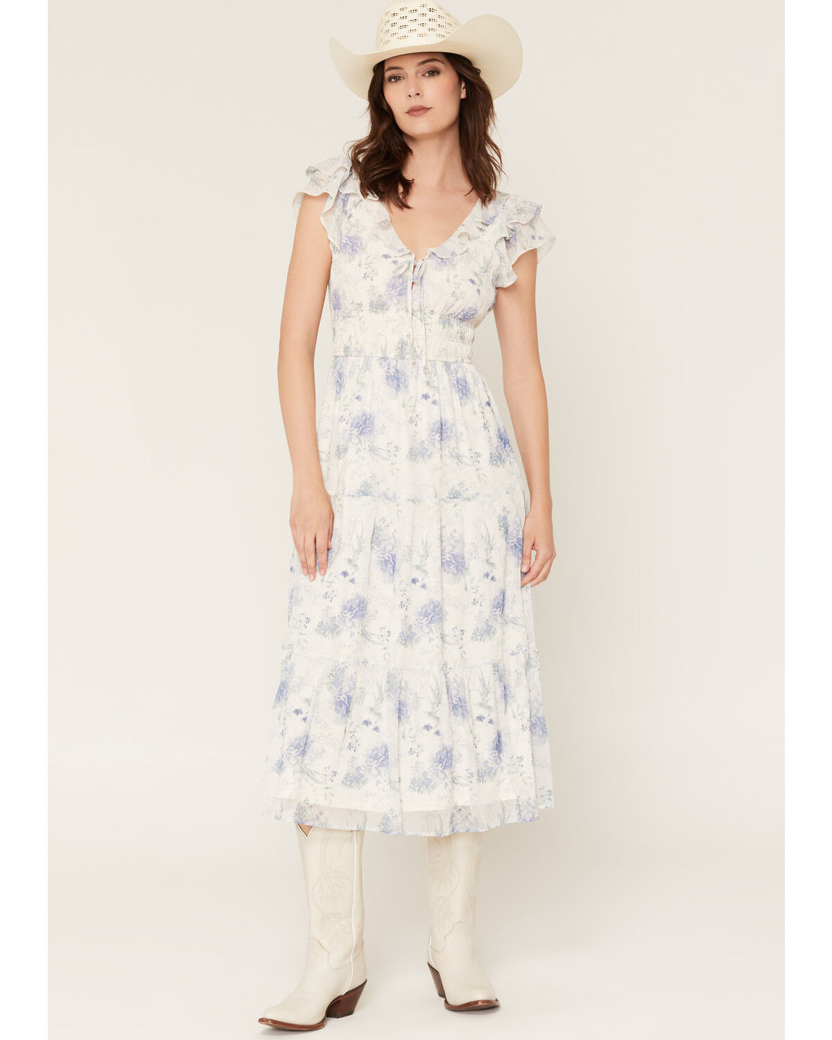 Ash & Violet Women's Floral Print Short Sleeve Midi Dress, White, hi-res