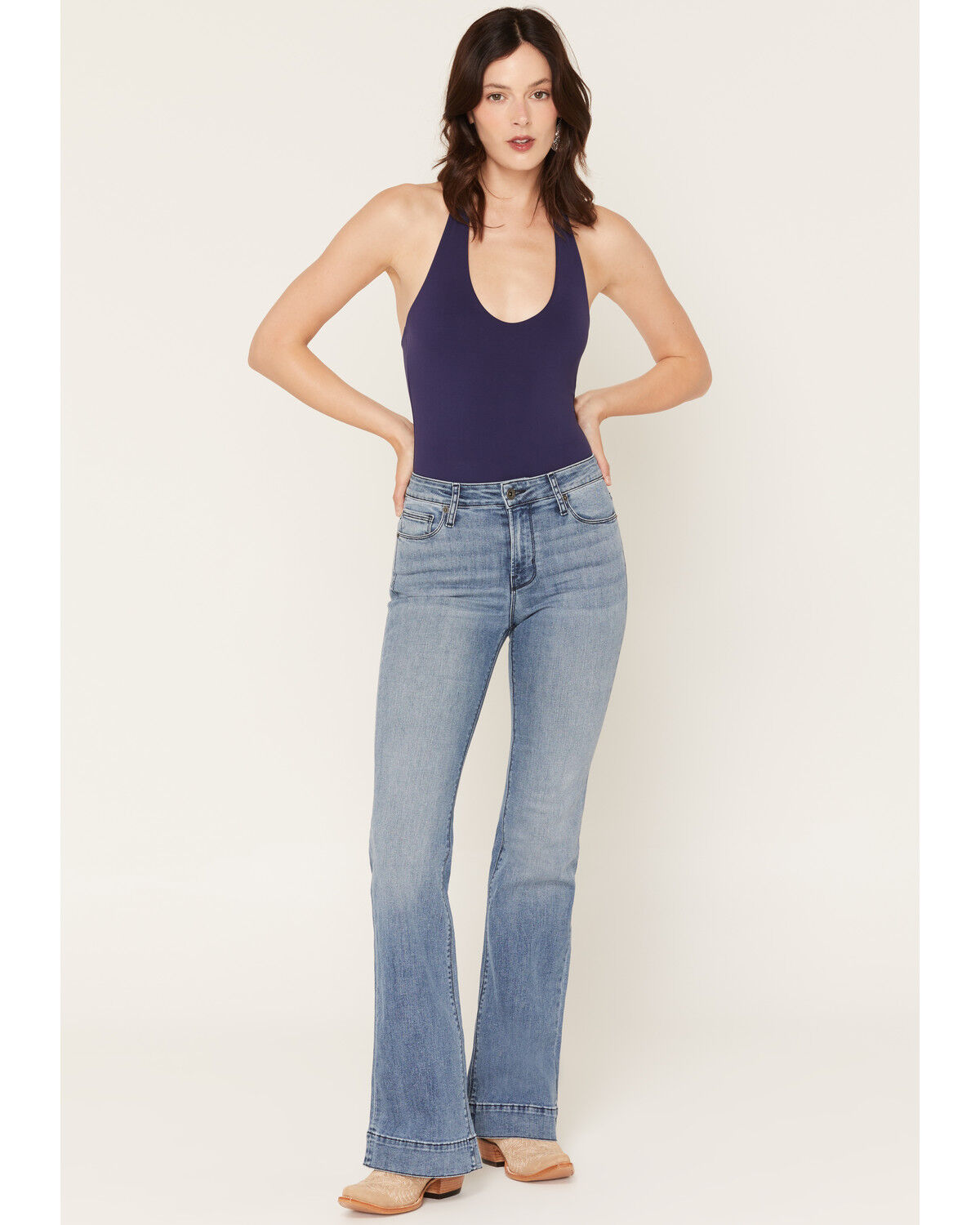 Haala Women's Vintage Medium Wash Bella Trouser Flare Stretch Denim Jeans, Light Wash, hi-res