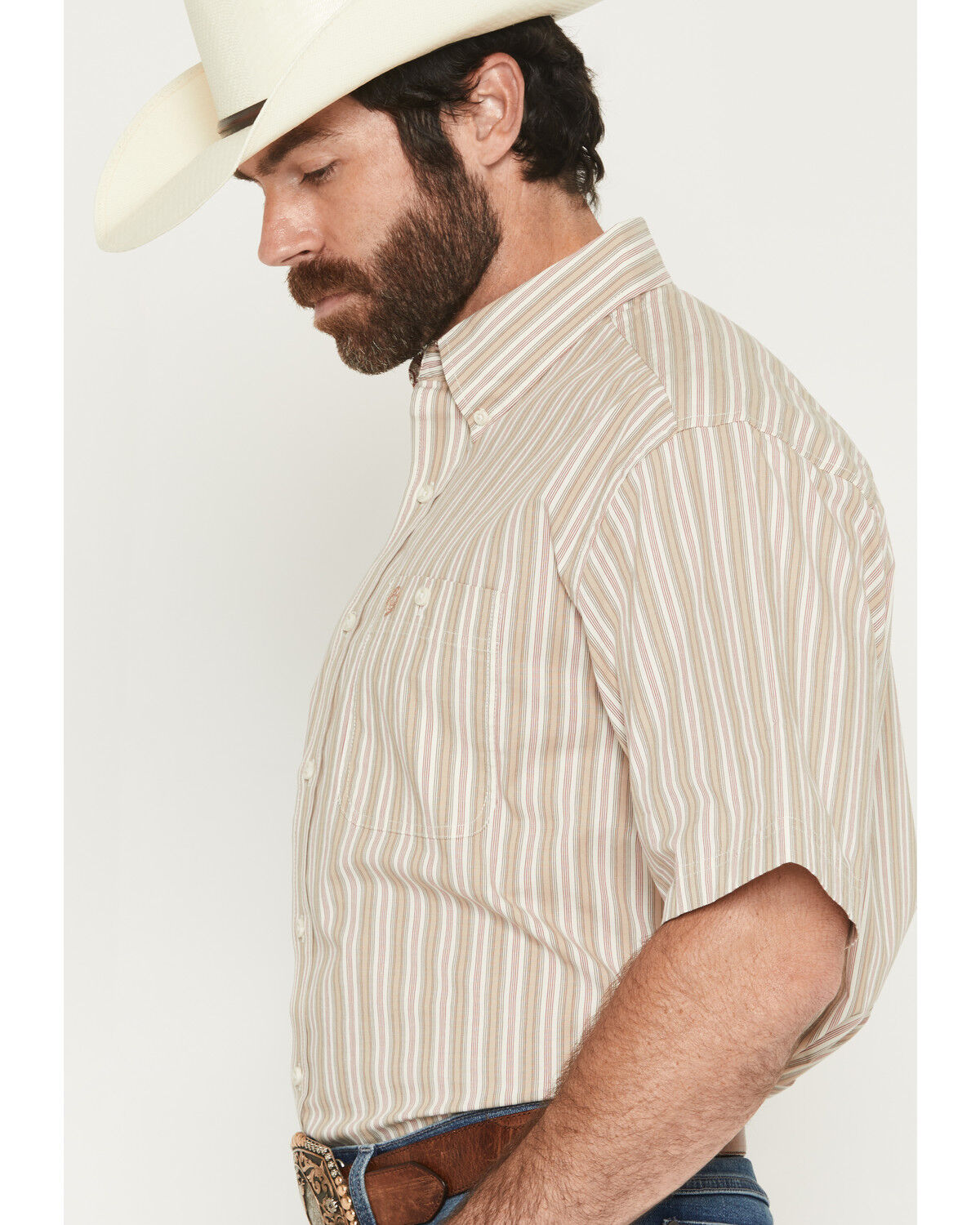 Image #2 - George Strait by Wrangler Men's Striped Short Sleeve Button-Down Stretch Western Shirt, Tan, hi-res