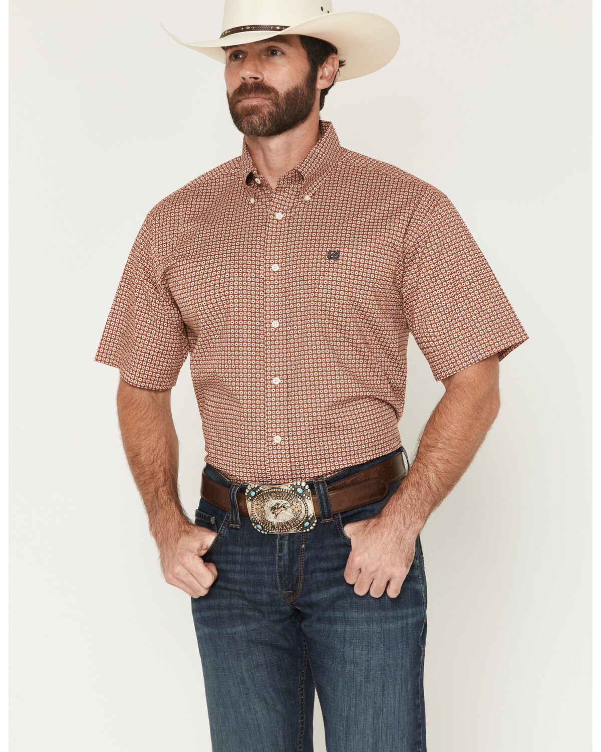 Image #1 - Cinch Men's Boot Barn Exclusive Micro Floral Geo Print Short Sleeve Button-Down Stretch Western Shirt, Brown, hi-res