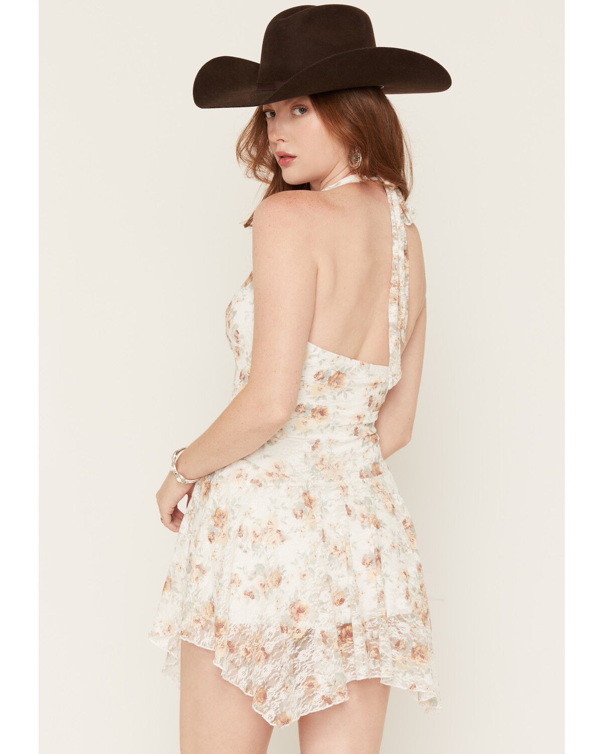 Image #4 - Cleo + Wolf Women's Shark Bite Floral Print Halter Lace Knit Mini Dress, Ivory, hi-res