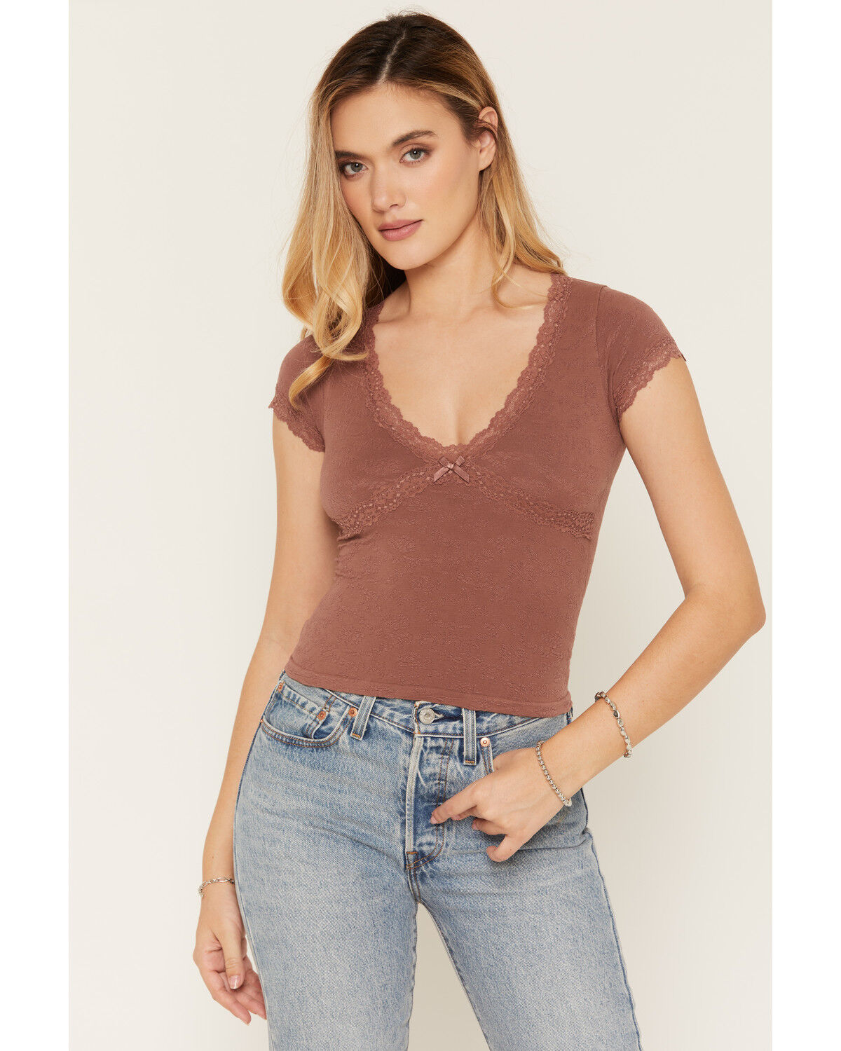 Image #1 - By Together Women's Lace Short Sleeve Shirt, Purple, hi-res