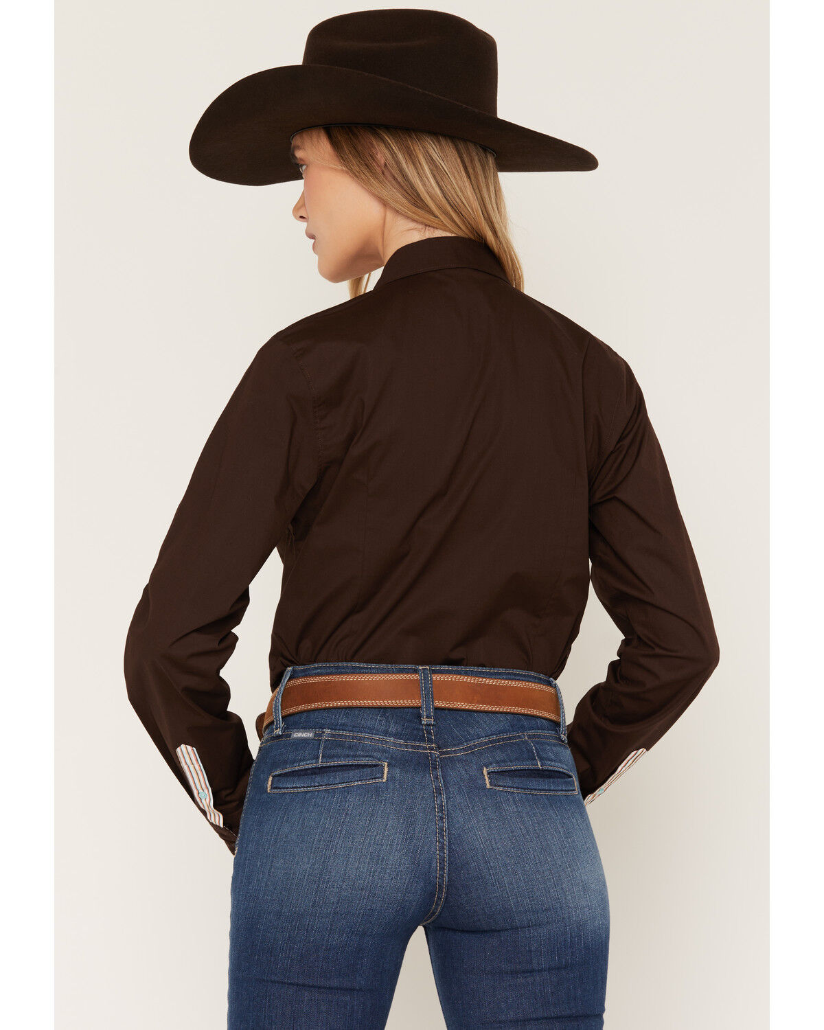 Image #4 - Cinch Women's Solid Long Sleeve Button-Down Western Shirt, Brown, hi-res