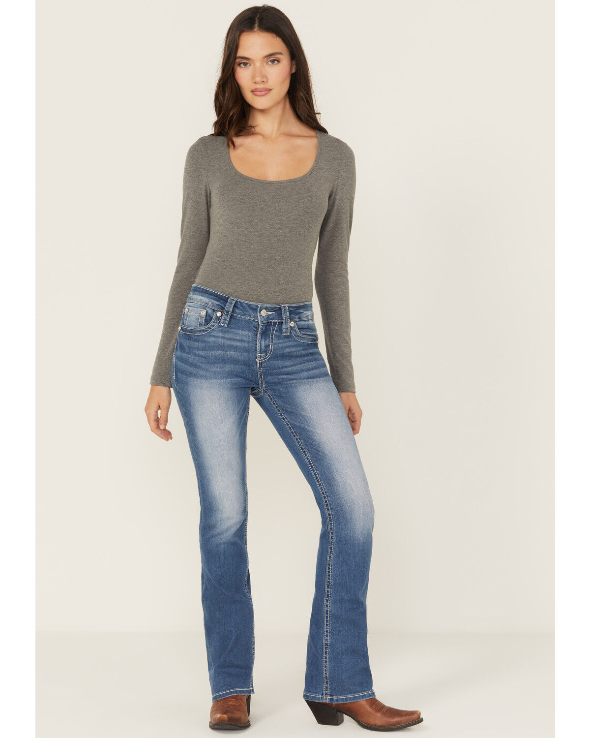 Image #2 - Shyanne Women's Mid Rise Medium Wash Bootcut Paisley Faux Flap Stretch Denim Jeans, Medium Wash, hi-res