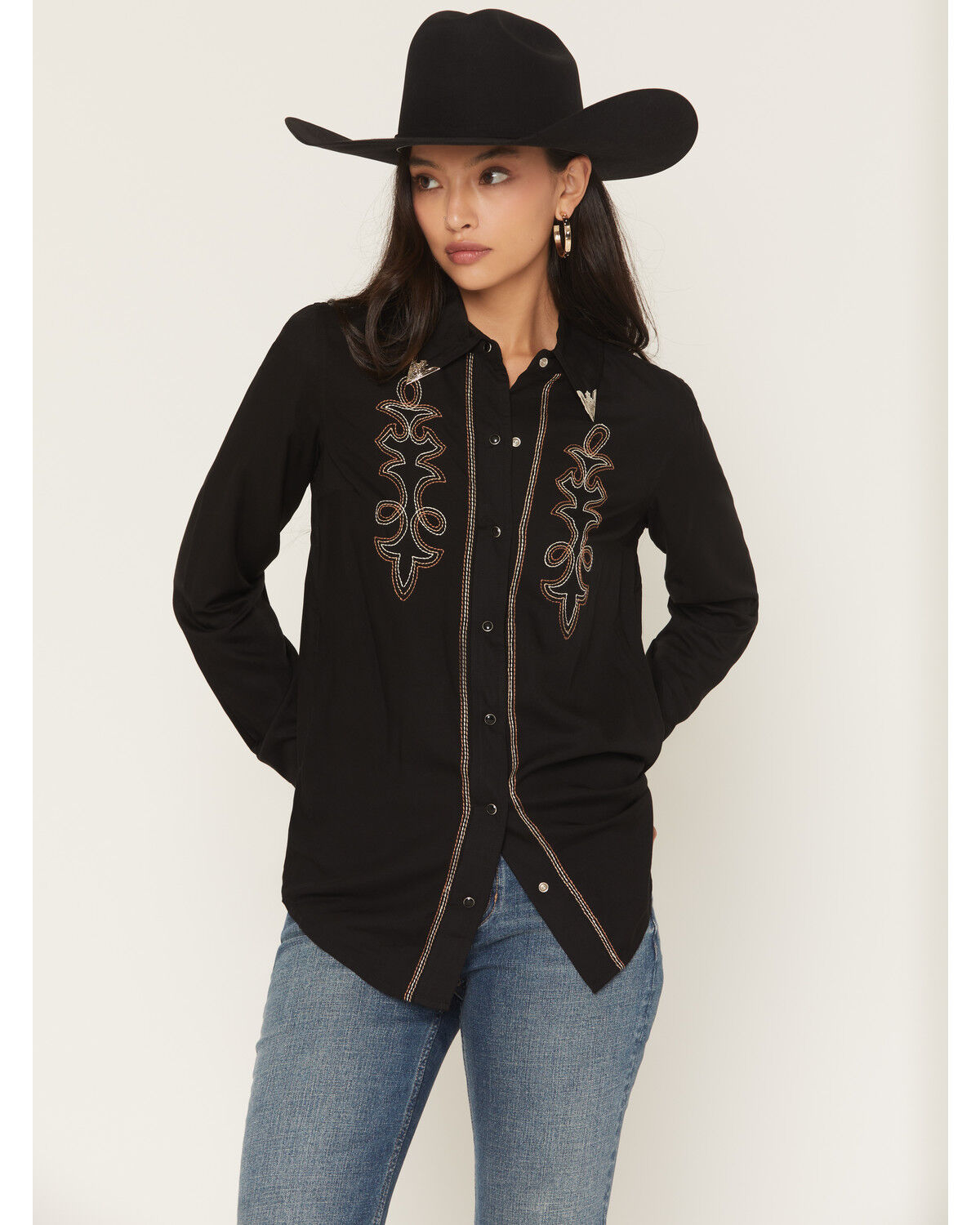 Image #1 - Rock & Roll Denim Women's Boot Stitch Collared Top Long Sleeve Snap Western Shirt, Black, hi-res