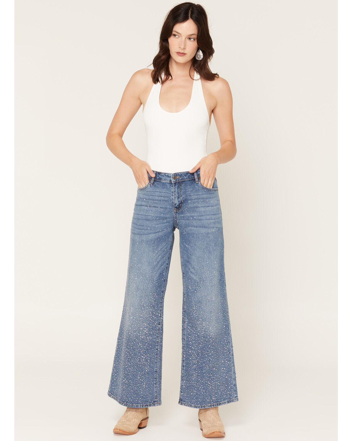 Image #1 - Cello Women's Medium Wash High Rise Embellished Wide Leg Stretch Denim Jeans, Medium Wash, hi-res