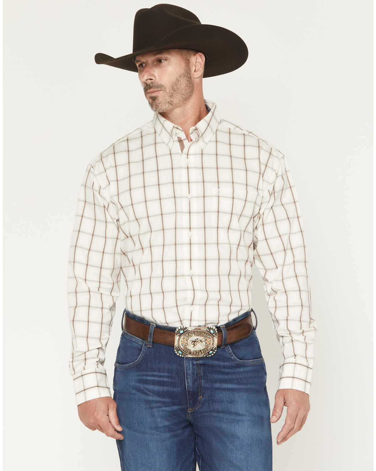 Image #1 - George Strait by Wrangler Men's Plaid Print Long Sleeve Button-Down Stretch Western Shirt - Big, Cream, hi-res