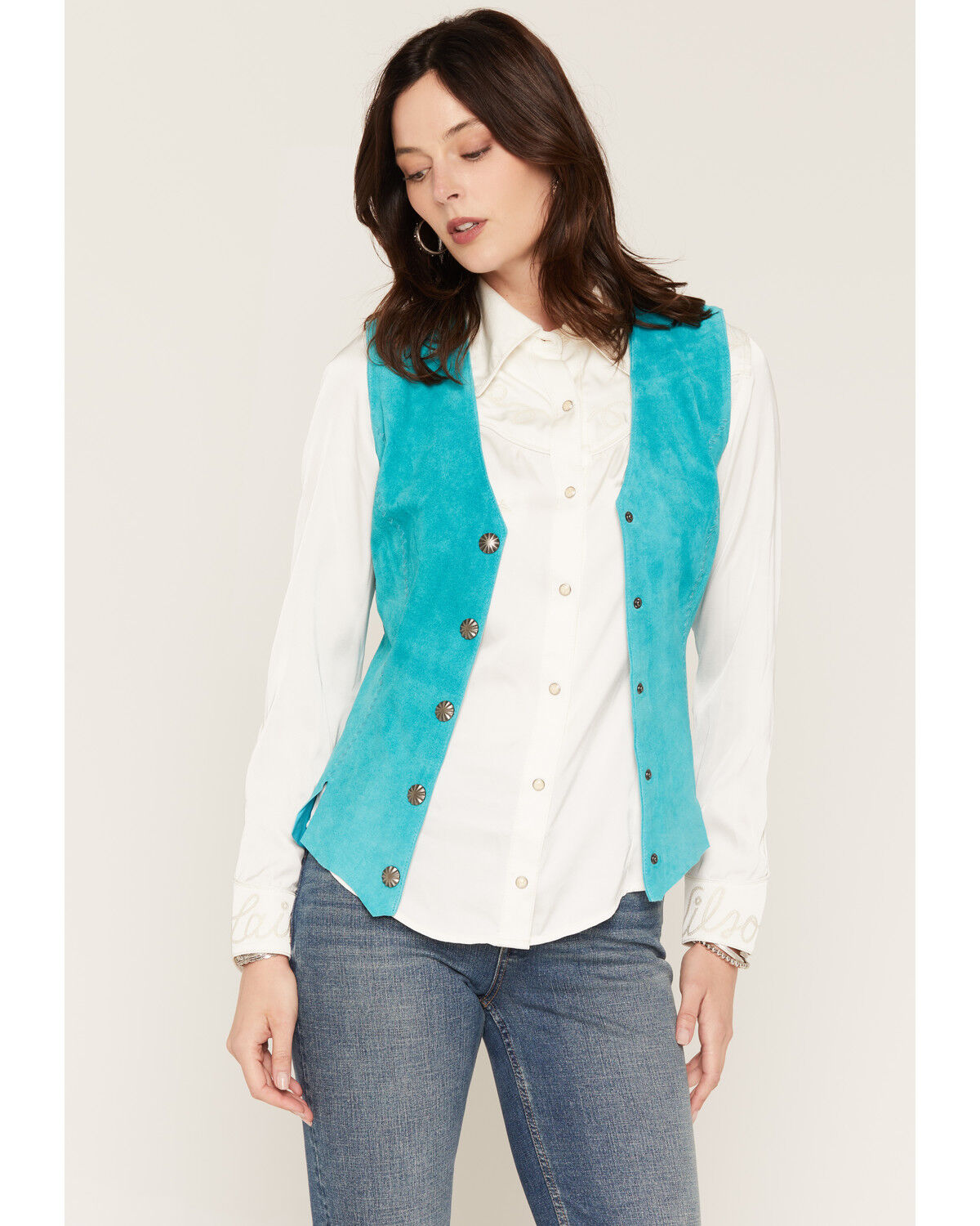 Scully Women's Suede Snap Front Vest, Teal, hi-res