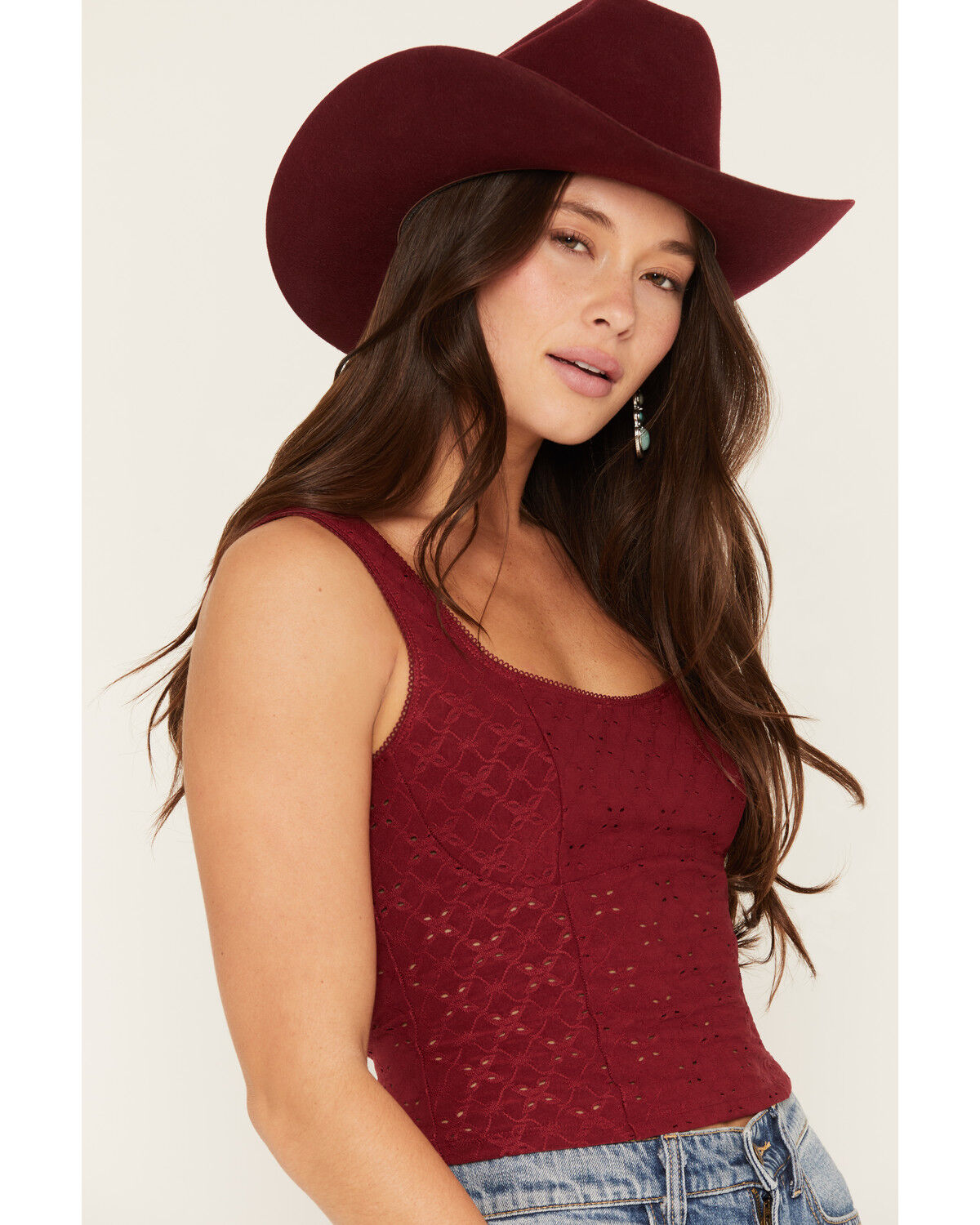 Image #2 - Ash & Violet Women's Solid Eyelet Sleeveless Tank Top, Red, hi-res