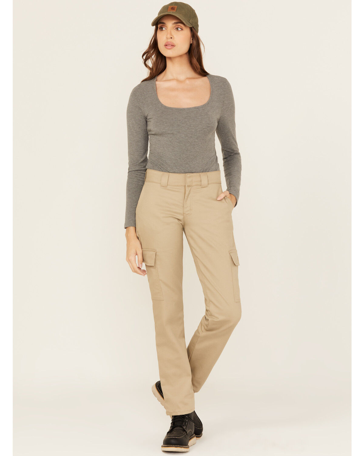 Dickies Women's Mid Rise Straight Stretch Twill Cargo Work Pants, Sand, hi-res