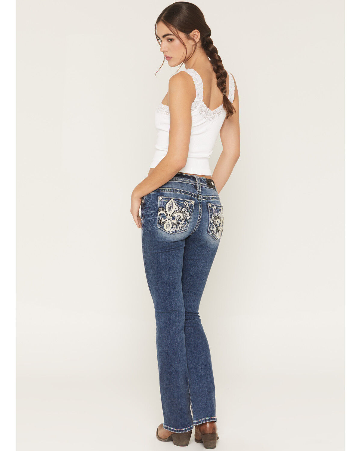 Miss Me Women's Medium Wash Mid Rise Fleur De Lis Pocket 30" Bootcut Stretch Denim Jeans, Medium Wash, hi-res