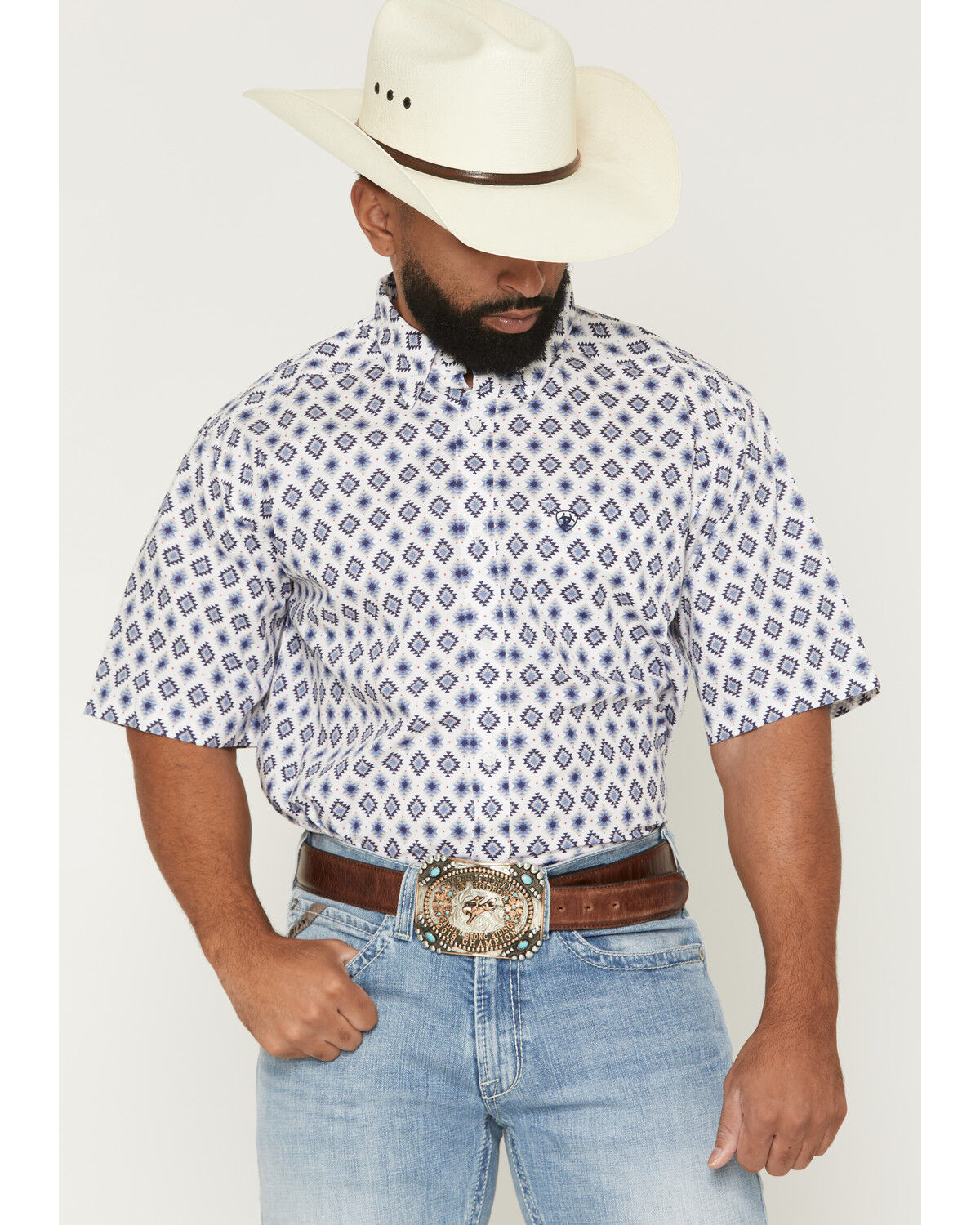 Image #1 - Ariat Men's Baxter Southwestern Print Short Sleeve Button-Down Western Shirt, White, hi-res