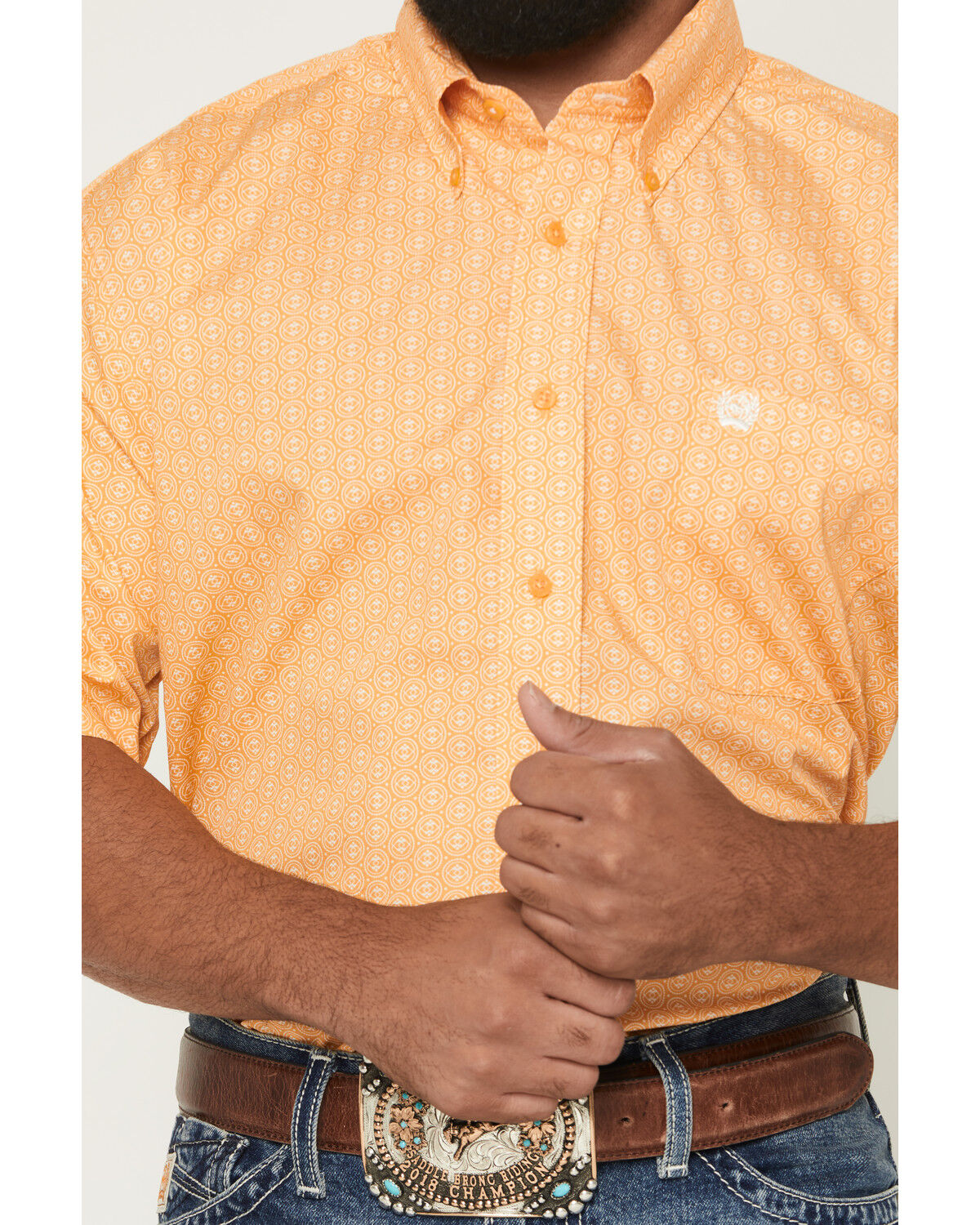 Image #3 - Cinch Men's Boot Barn Exclusive Geo Print Short Sleeve Button-Down Western Shirt, Gold, hi-res