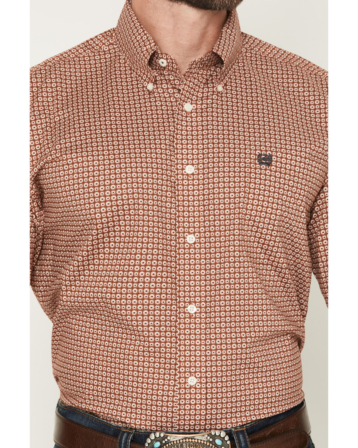 Image #3 - Cinch Men's Boot Barn Exclusive Micro Floral Geo Print Short Sleeve Button-Down Stretch Western Shirt, Brown, hi-res