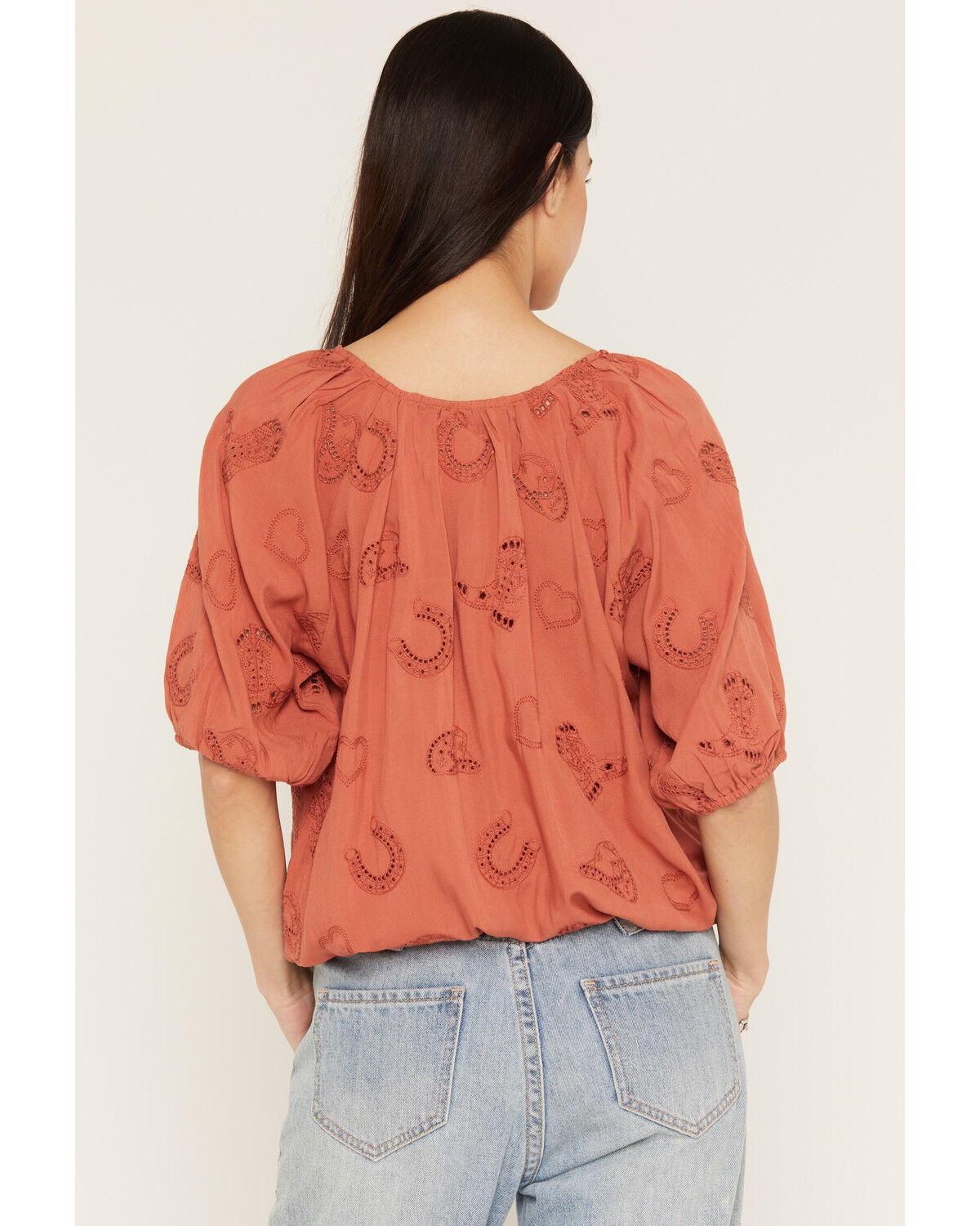 Image #4 - Wild Moss Women's Western Embroidered Cutout Short Sleeve Peasant Top, Rust Copper, hi-res