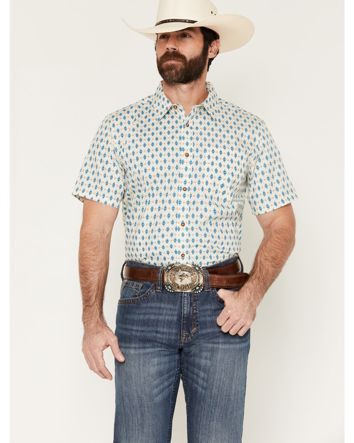 Image #1 - Gibson Trading Co Men's Sierra Diamond Geo Print Short Sleeve Button-Down Western Shirt, Ivory, hi-res