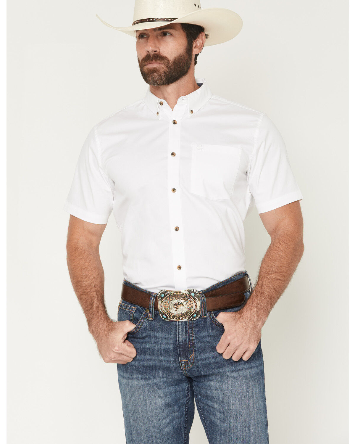Image #1 - Cody James Men's Basic Solid Short Sleeve Button-Down Stretch Western Shirt, White, hi-res