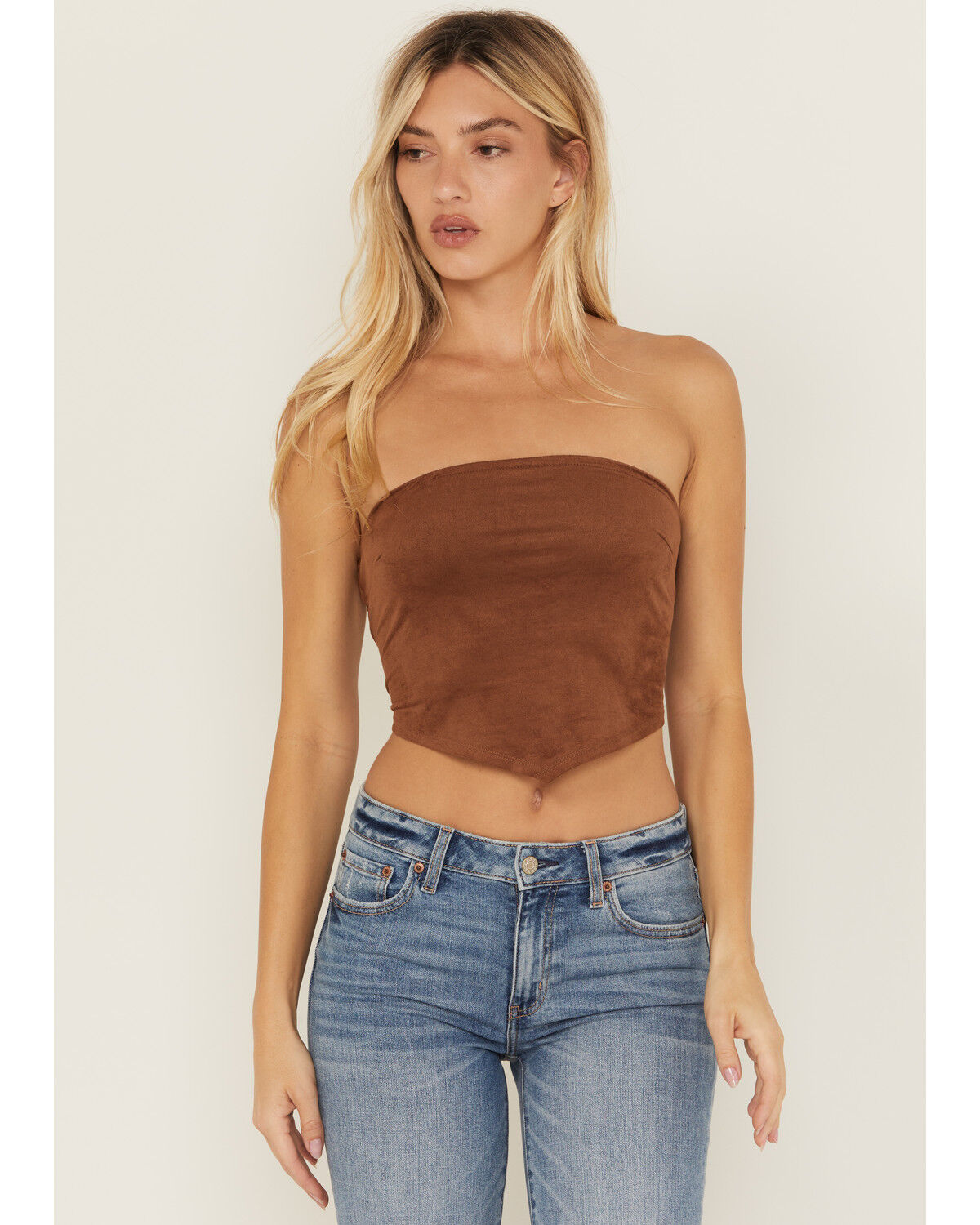 Image #1 - Originality Women's Suede Handkerchief Strapless Top, Brown, hi-res