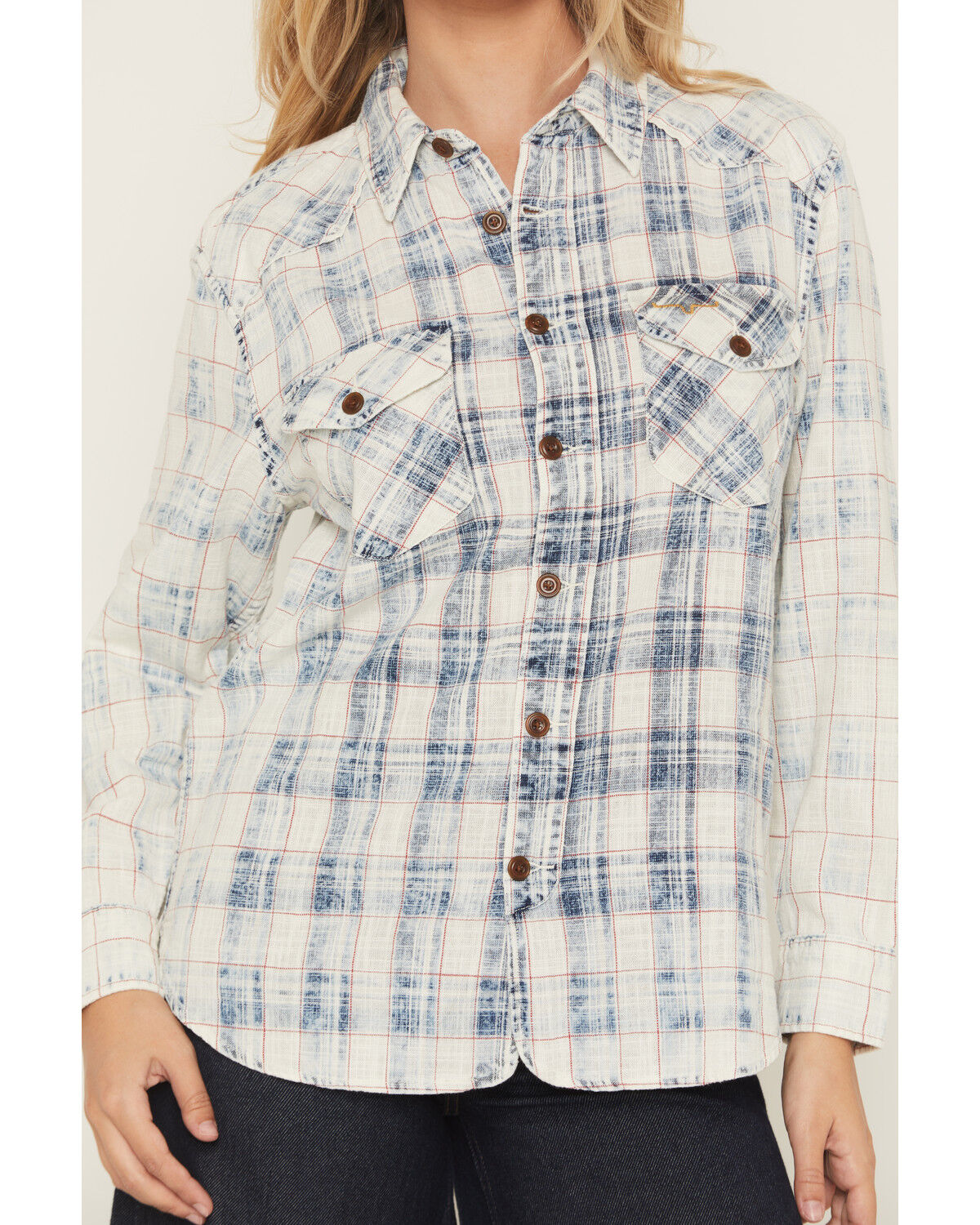 Image #3 - Kimes Ranch Women's Gwenn Distressed Plaid Print Long Sleeve Button-Down Western Shirt, Blue, hi-res