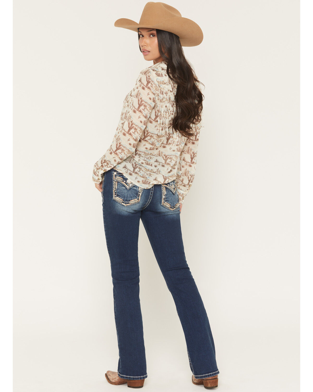Image #1 - Miss Me Women's Medium Wash Mid Rise Border Pocket 30" Bootcut Stretch Denim Jeans, Medium Wash, hi-res