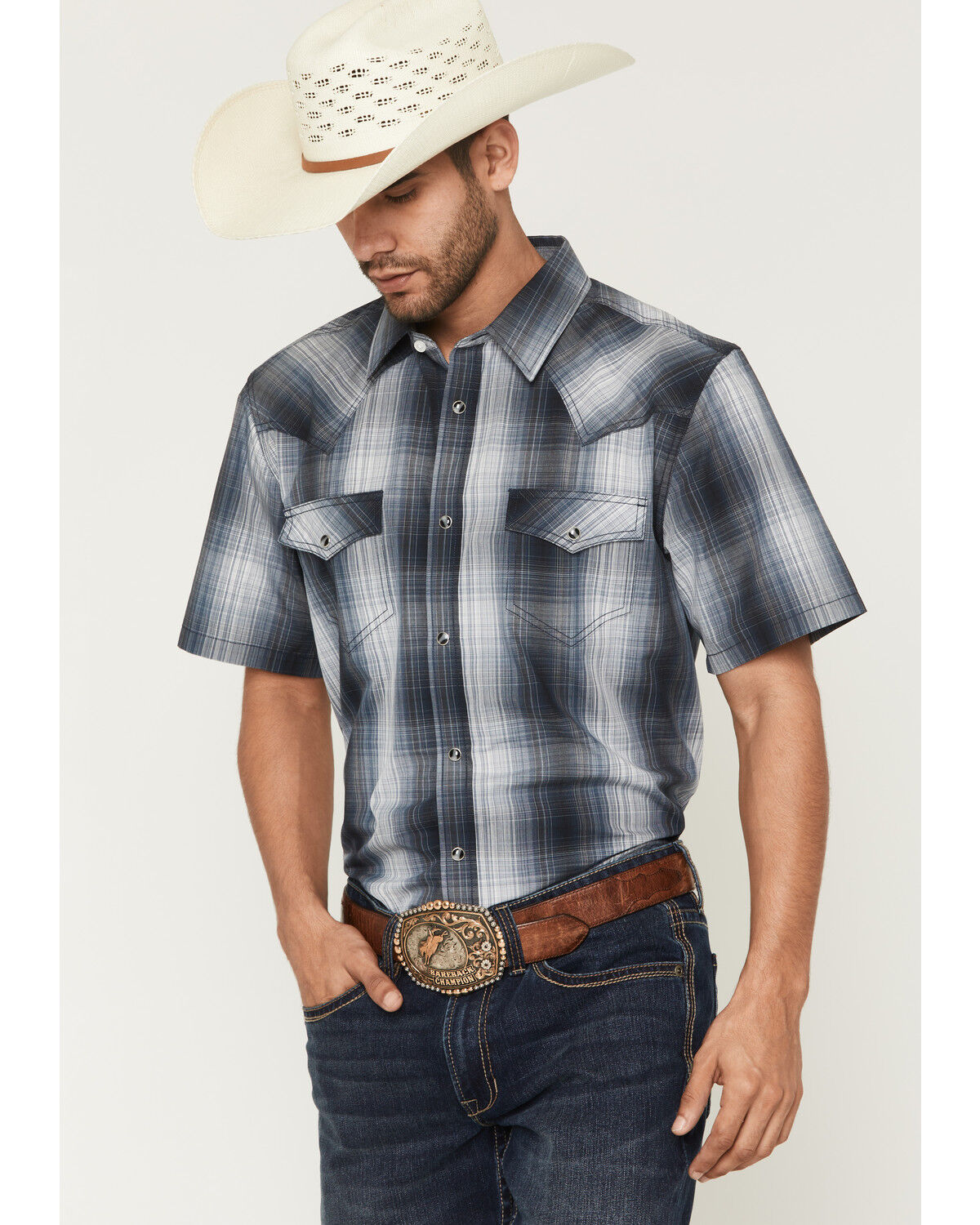 Image #1 - Cody James Men's Weed Wacker Plaid Print Short Sleeve Snap Western Shirt, Blue, hi-res