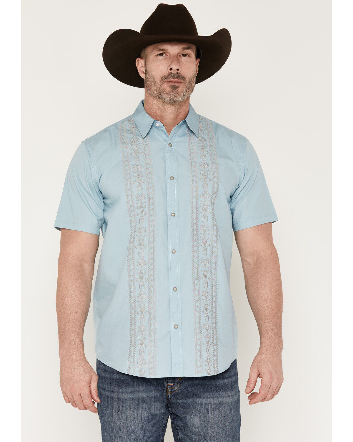 Moonshine Spirit&reg; Men's Gaucho Embroidered Short Sleeve Snap Western Shirt, Light Blue, hi-res