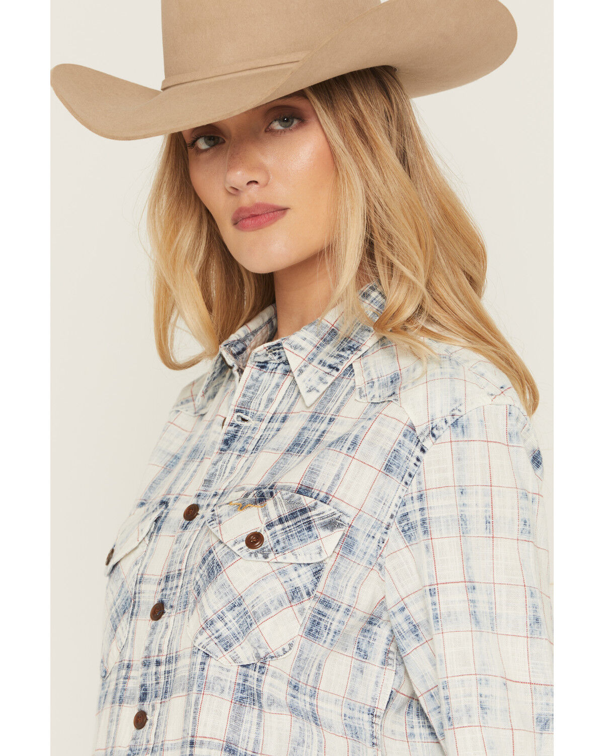 Image #2 - Kimes Ranch Women's Gwenn Distressed Plaid Print Long Sleeve Button-Down Western Shirt, Blue, hi-res