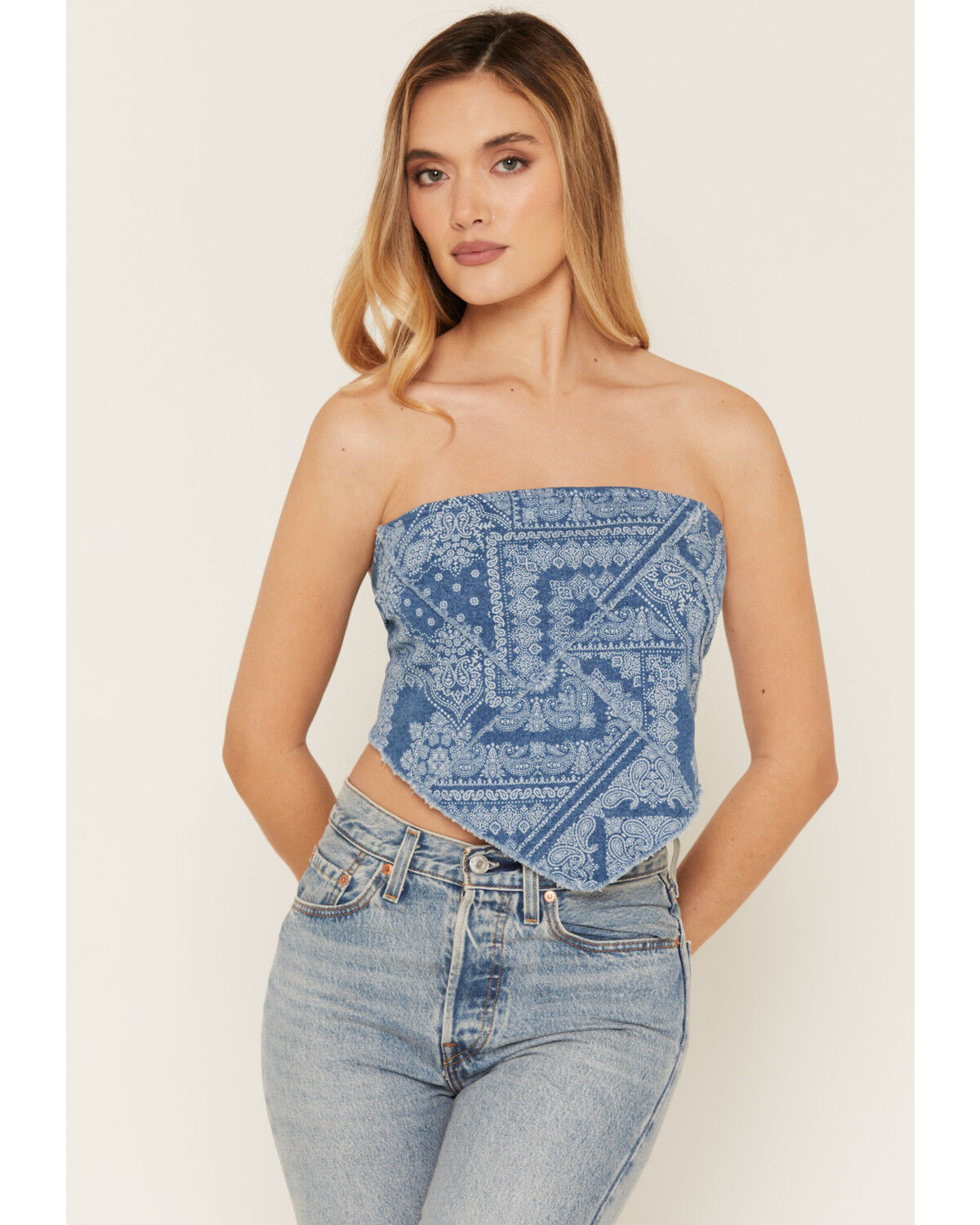 Image #3 - Cleo + Wolf Women's Bandana Print Strapless Denim Tie Shirt, Medium Wash, hi-res