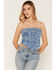 Image #3 - Cleo + Wolf Women's Bandana Print Strapless Denim Tie Shirt, Medium Wash, hi-res