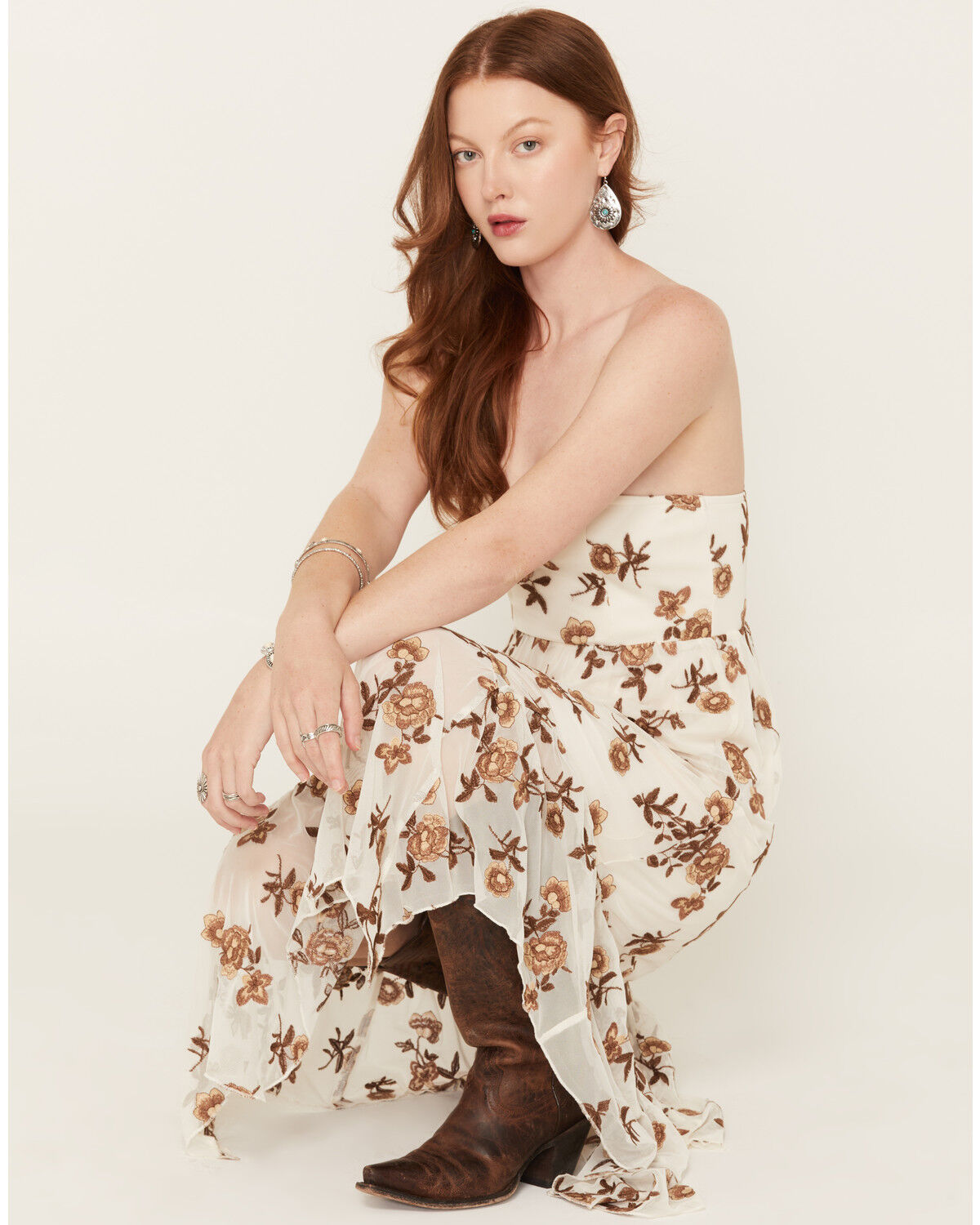 Originality Women's Floral Embroidered Mesh Midi Dress, Ivory, hi-res