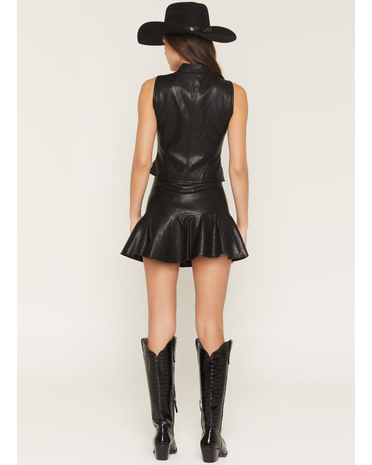 Image #3 - Blue B Women's Faux Leather Embroidered Horseshoe Studded Mini Skirt, Black, hi-res