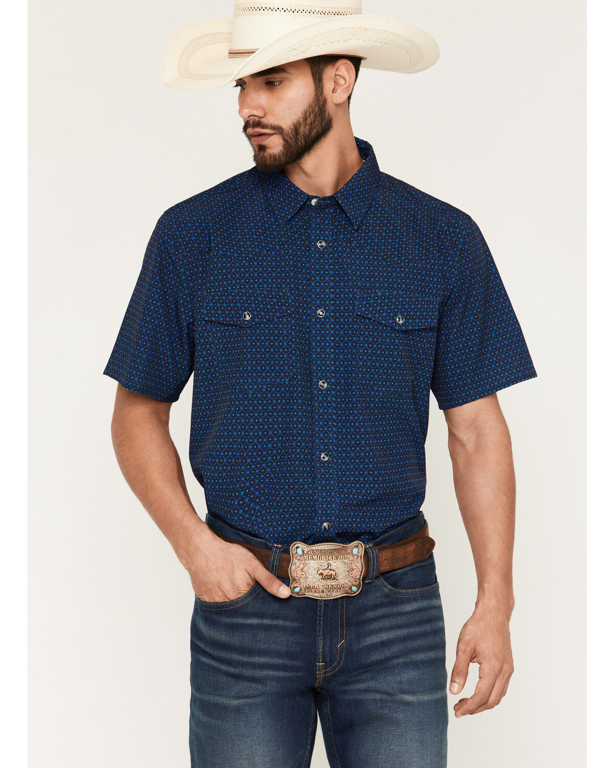 RANK 45&reg; Men's RODEOTEK&trade; 2.0 Sky Grid Geo Print Short Sleeve Snap Western Shirt, Navy, hi-res