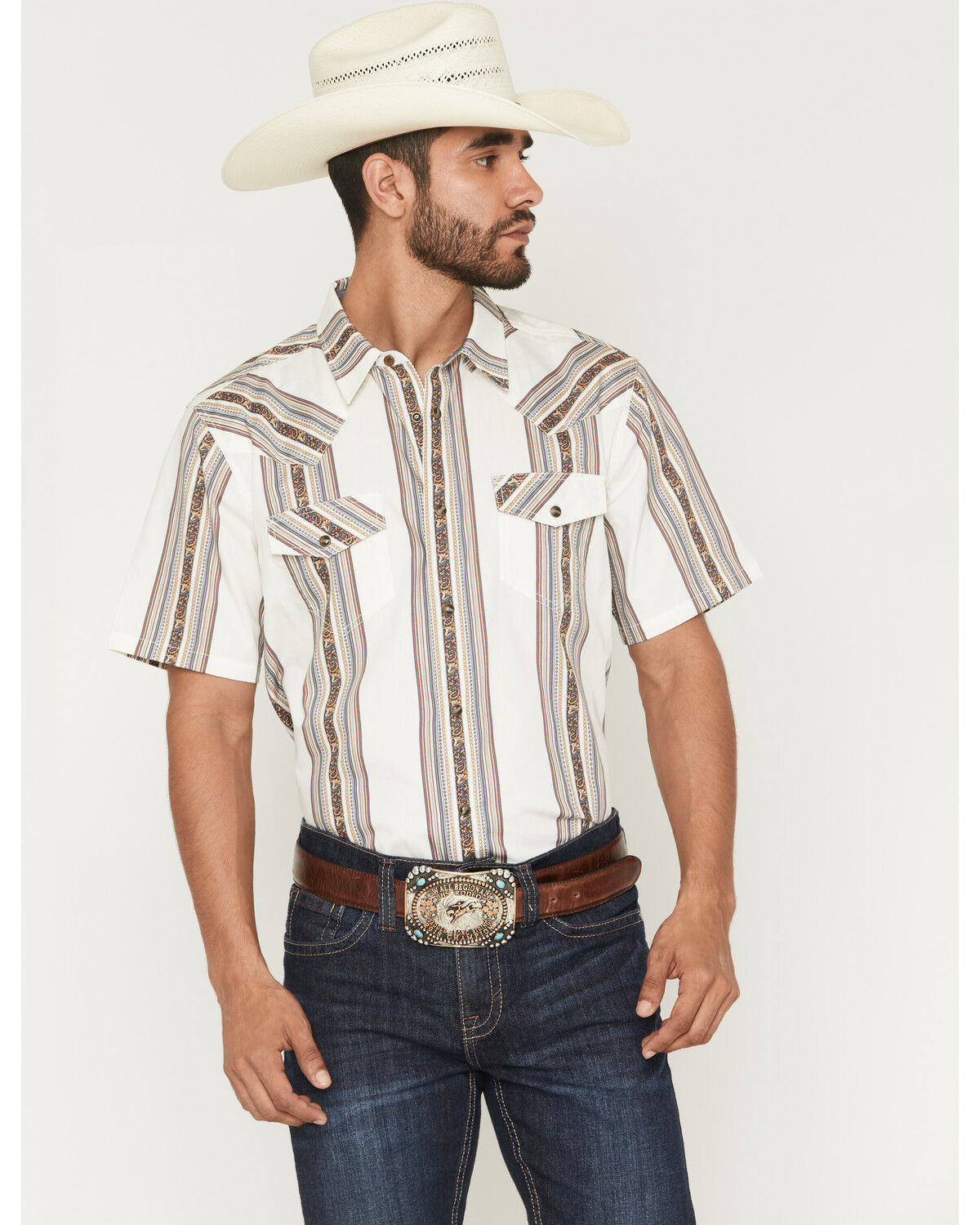 Image #1 - Cody James Men's Atticus Stripe Print Short Sleeve Snap Western Shirt, White, hi-res