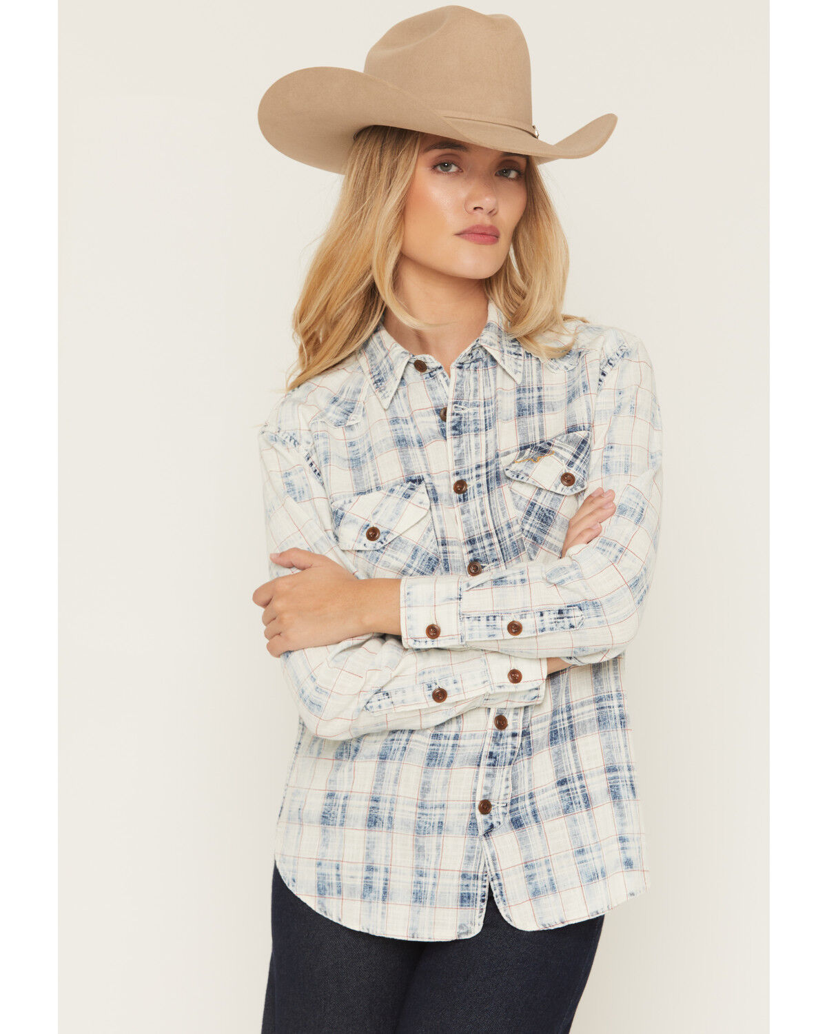Image #1 - Kimes Ranch Women's Gwenn Distressed Plaid Print Long Sleeve Button-Down Western Shirt, Blue, hi-res