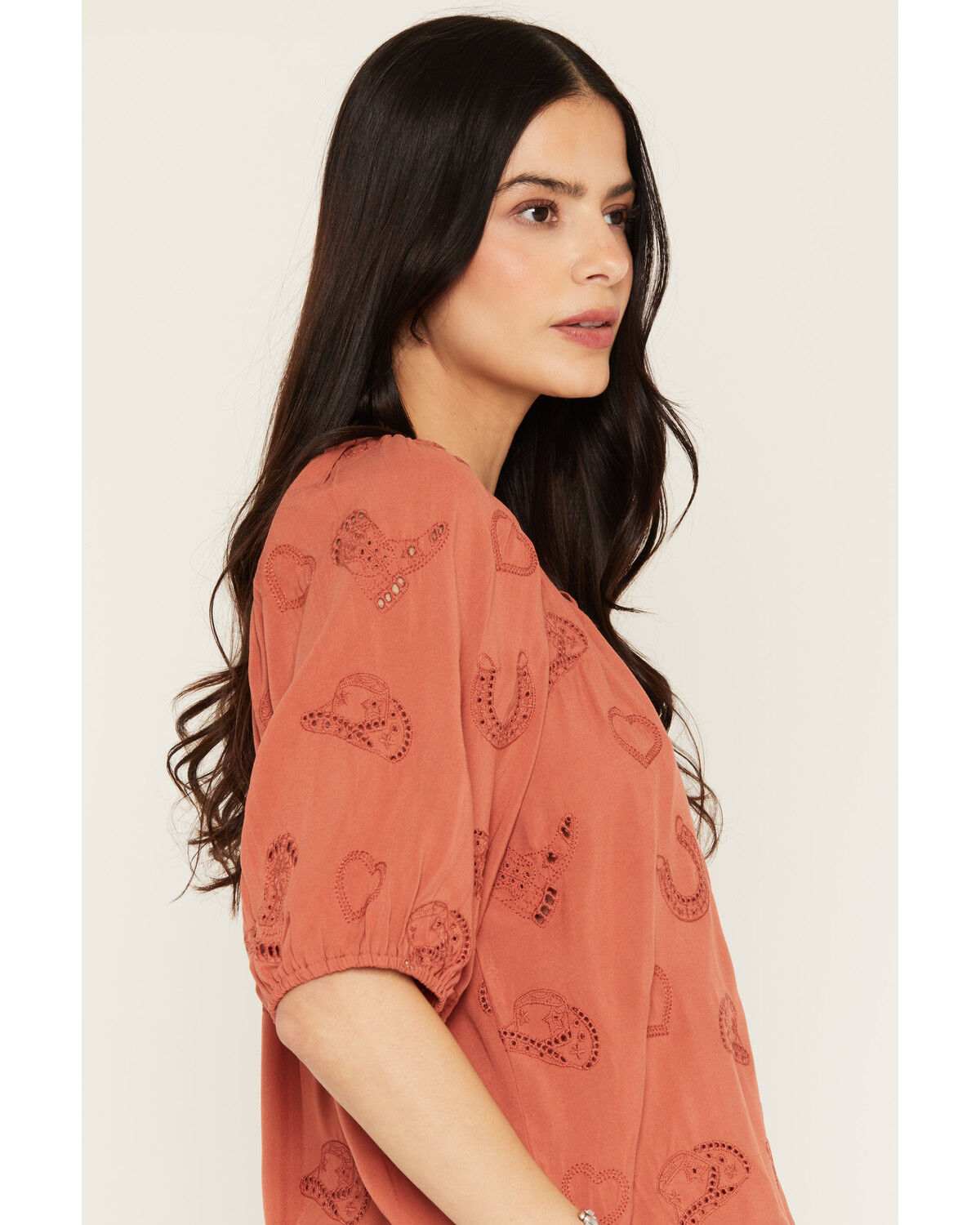 Image #2 - Wild Moss Women's Western Embroidered Cutout Short Sleeve Peasant Top, Rust Copper, hi-res
