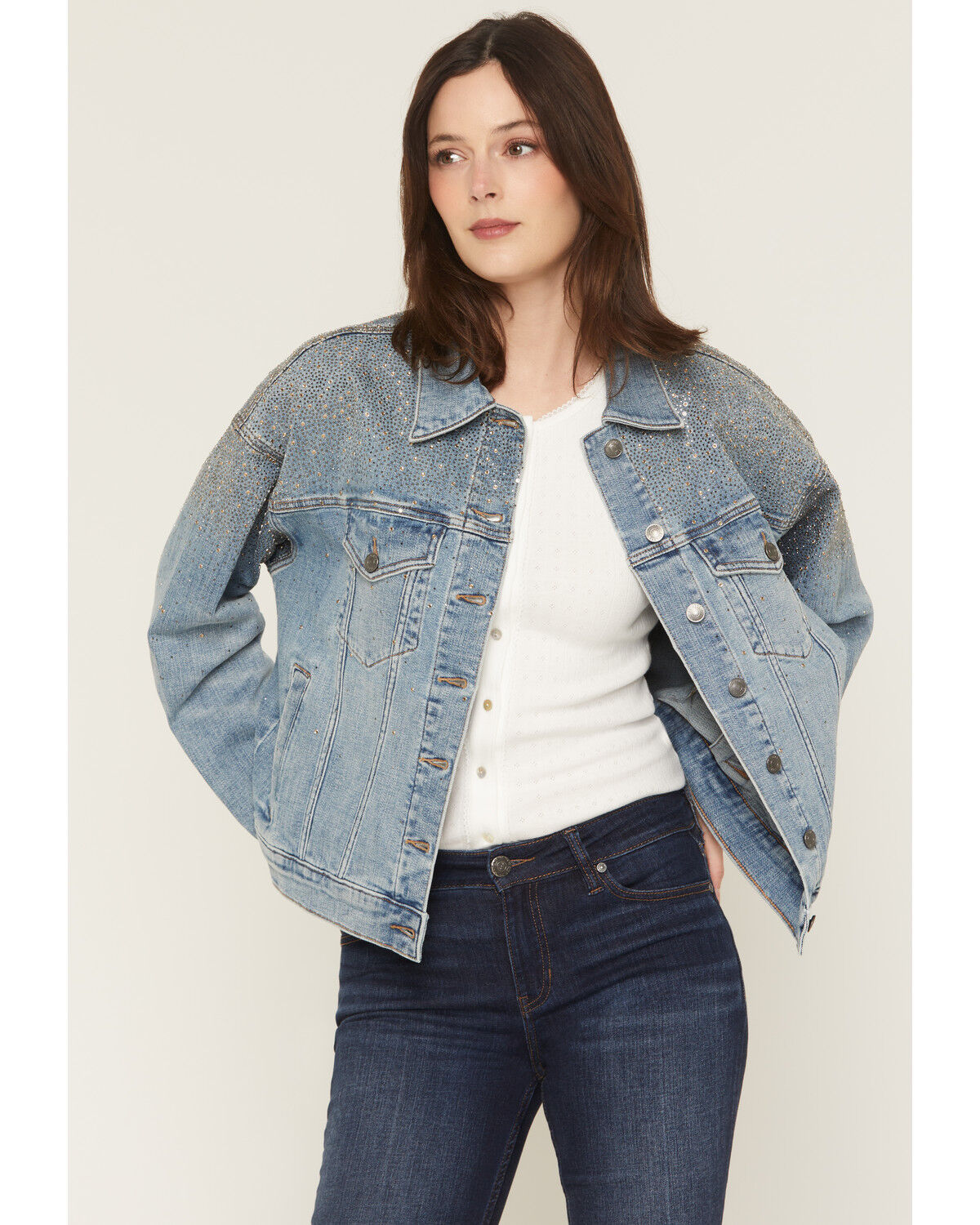 Image #1 - Shyanne Women's Gale Embellished Oversized Denim Jacket, Medium Wash, hi-res
