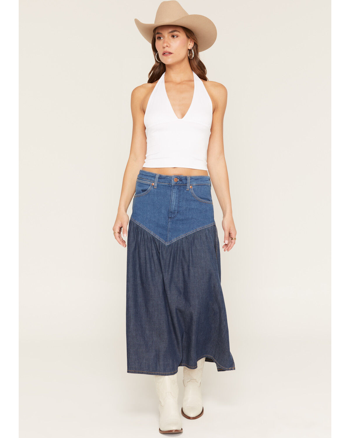 Wrangler Women's Modern Two Tone Denim Maxi Skirt, Blue, hi-res