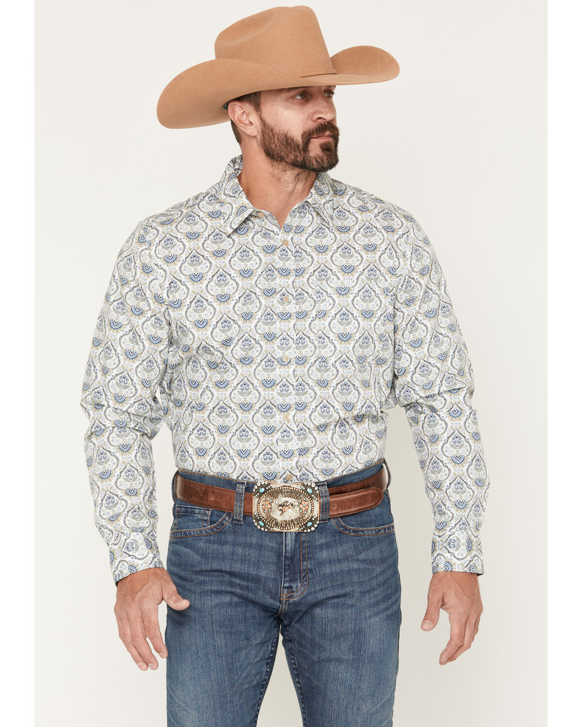 Gibson Trading Co Men's Barely Broke Medallion Print Long Sleeve Button-Down Western Shirt, Blue, hi-res