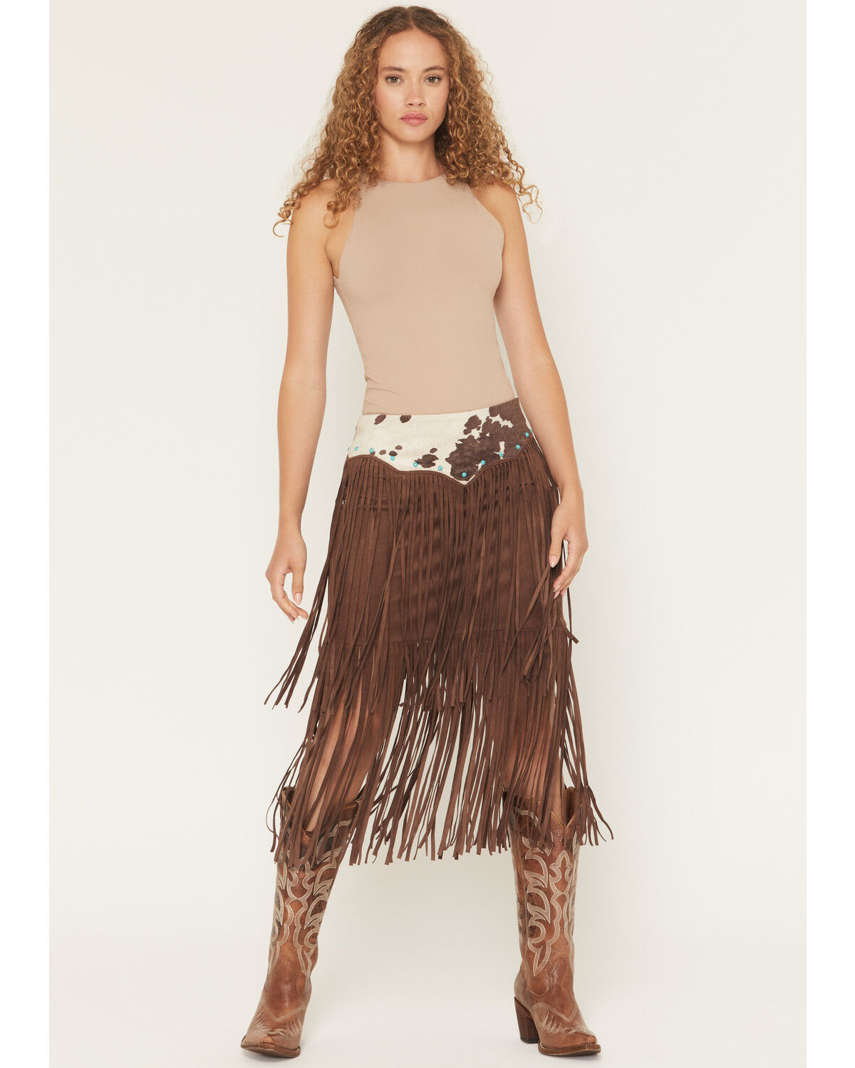 Shyanne Women's Raven Cow Print Faux Suede Fringe Mini Skirt, Brown, hi-res