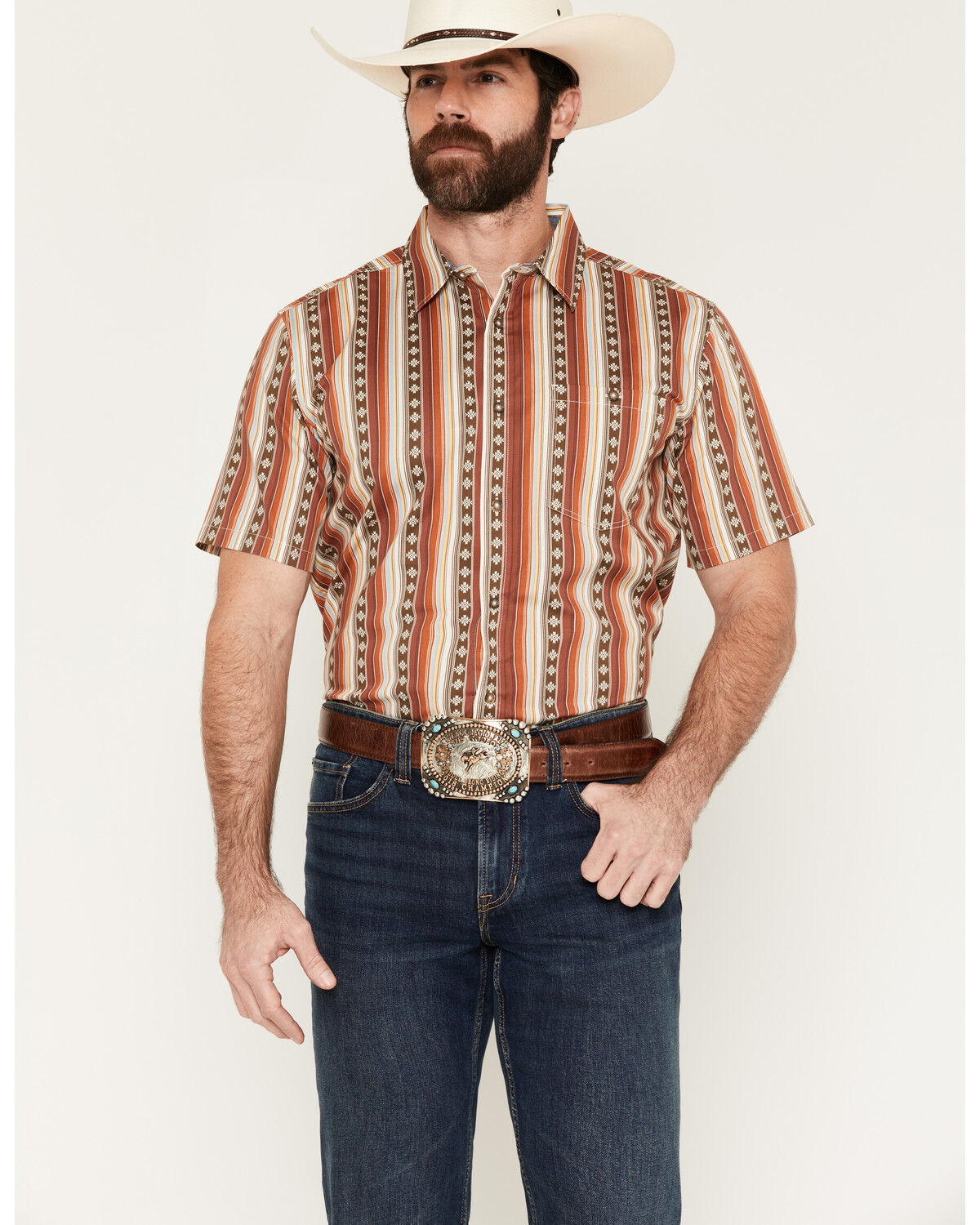 Image #1 - RANK 45&reg; Men's Sidelined Southwestern Stripe Print Short Sleeve Button-Down Stretch Western Shirt, Multi, hi-res