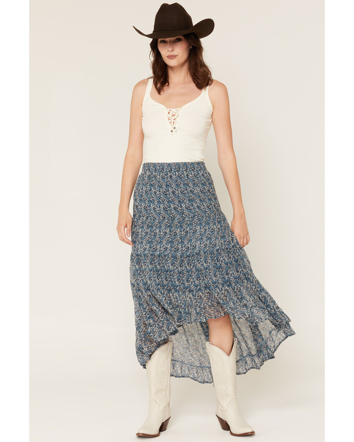 Image #1 - Idyllwind Women's Azalea Floral Print Tiered High-Low Dress, Light Blue, hi-res