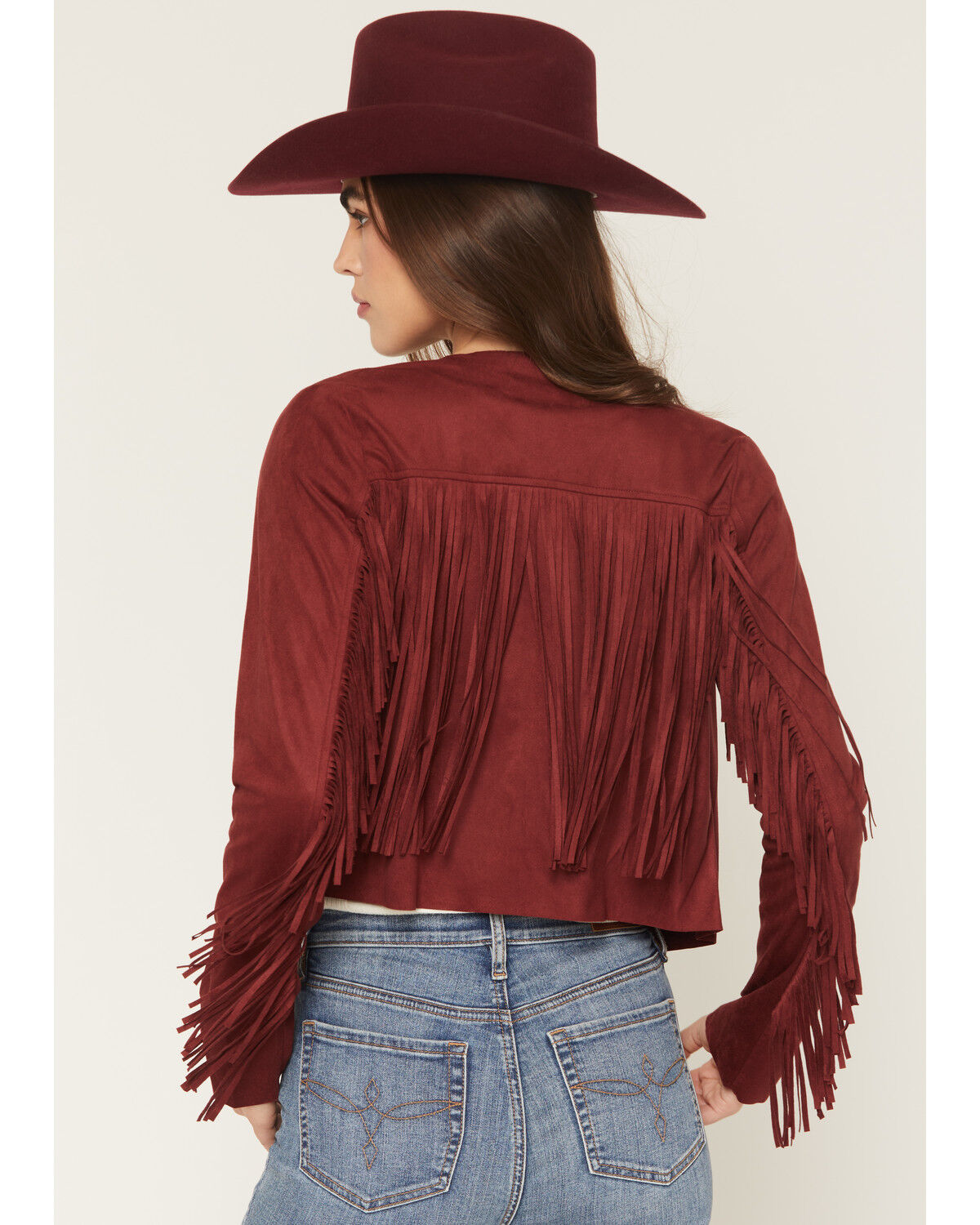 Image #4 - Shyanne Women's Deleon Faux Suede Cropped Fringe Jacket, Burgundy, hi-res