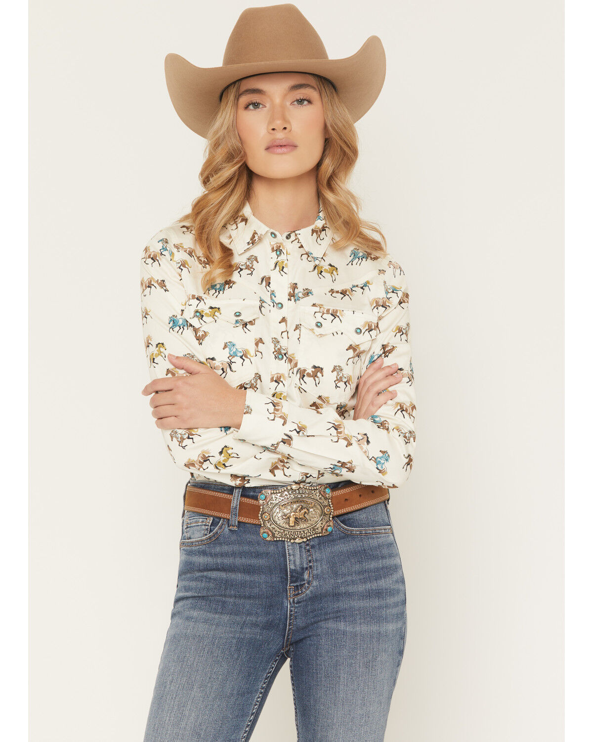Shyanne Women's Horse Print Long Sleeve Snap Stretch Western Shirt, Cream, hi-res
