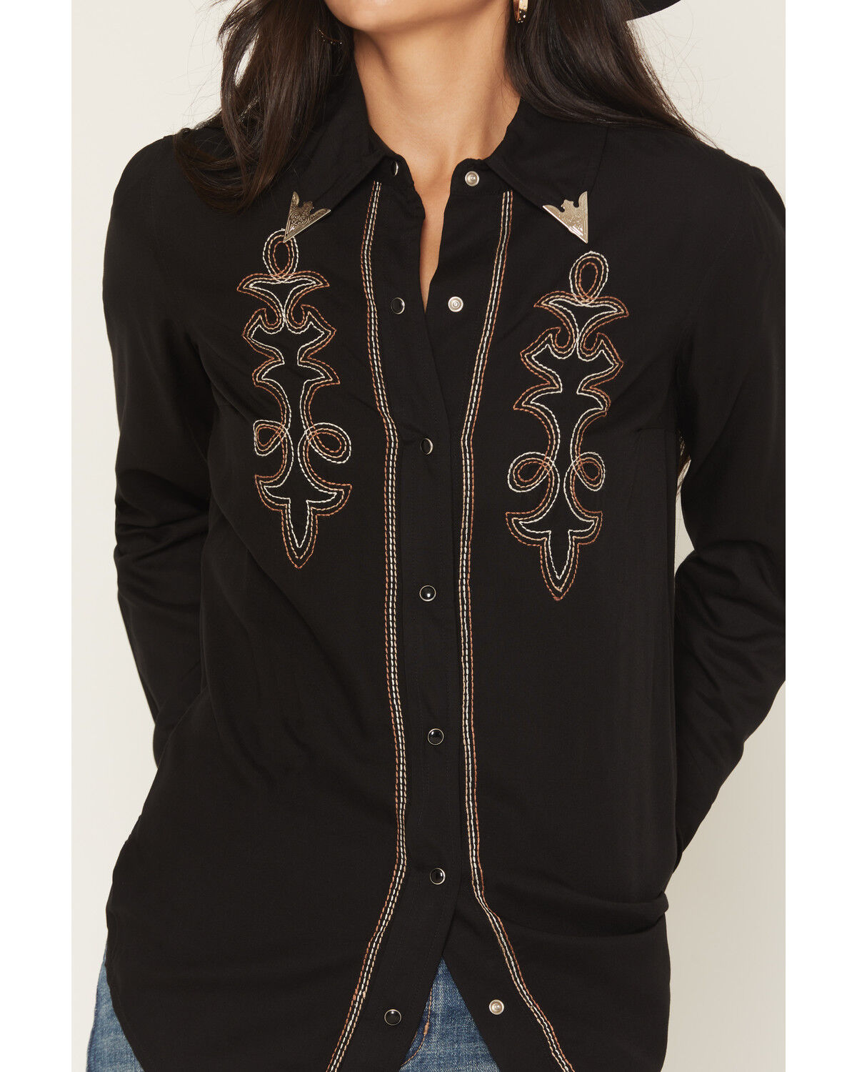 Image #3 - Rock & Roll Denim Women's Boot Stitch Collared Top Long Sleeve Snap Western Shirt, Black, hi-res