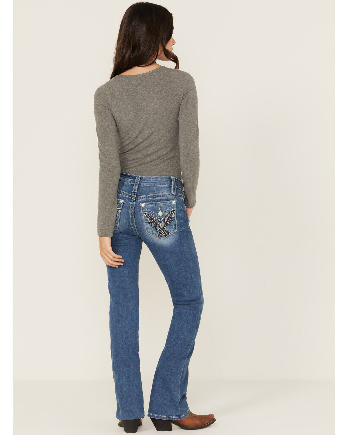 Shyanne Women's Mid Rise Medium Wash Bootcut Paisley Faux Flap Stretch Denim Jeans, Medium Wash, hi-res