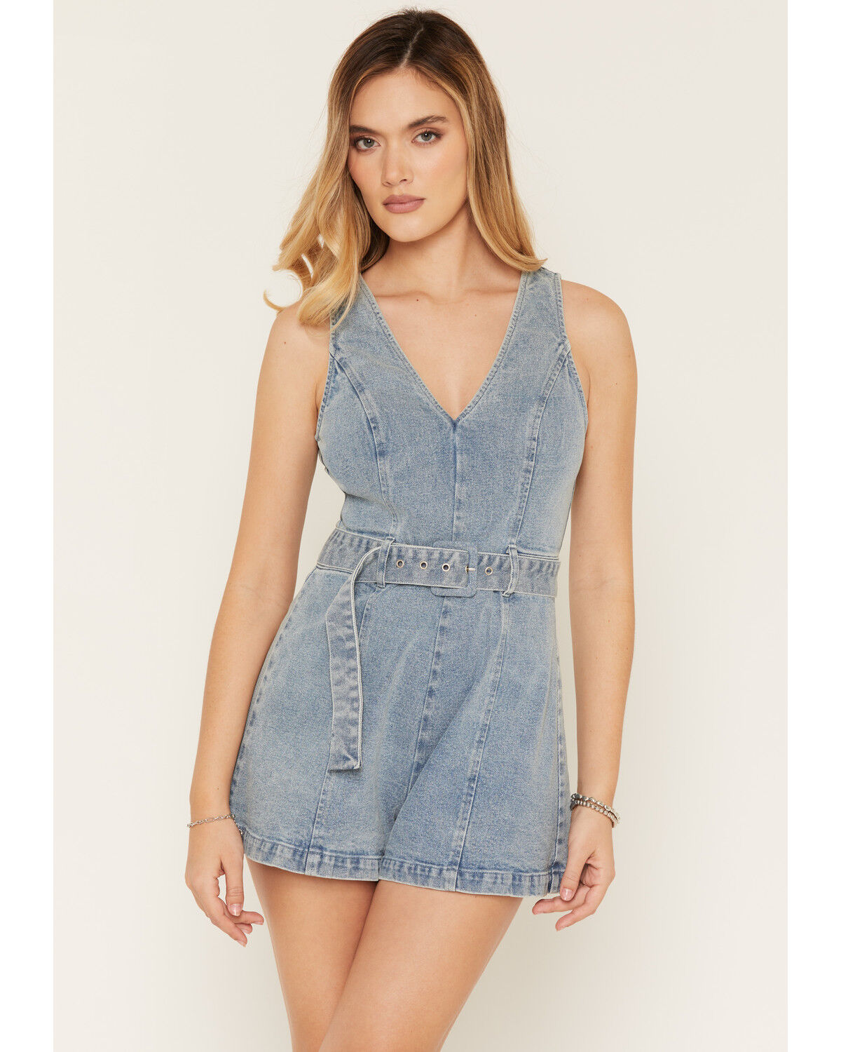 Image #1 - Cleo + Wolf Women's Light Wash Sleeveless Belted Denim Romper, Light Wash, hi-res