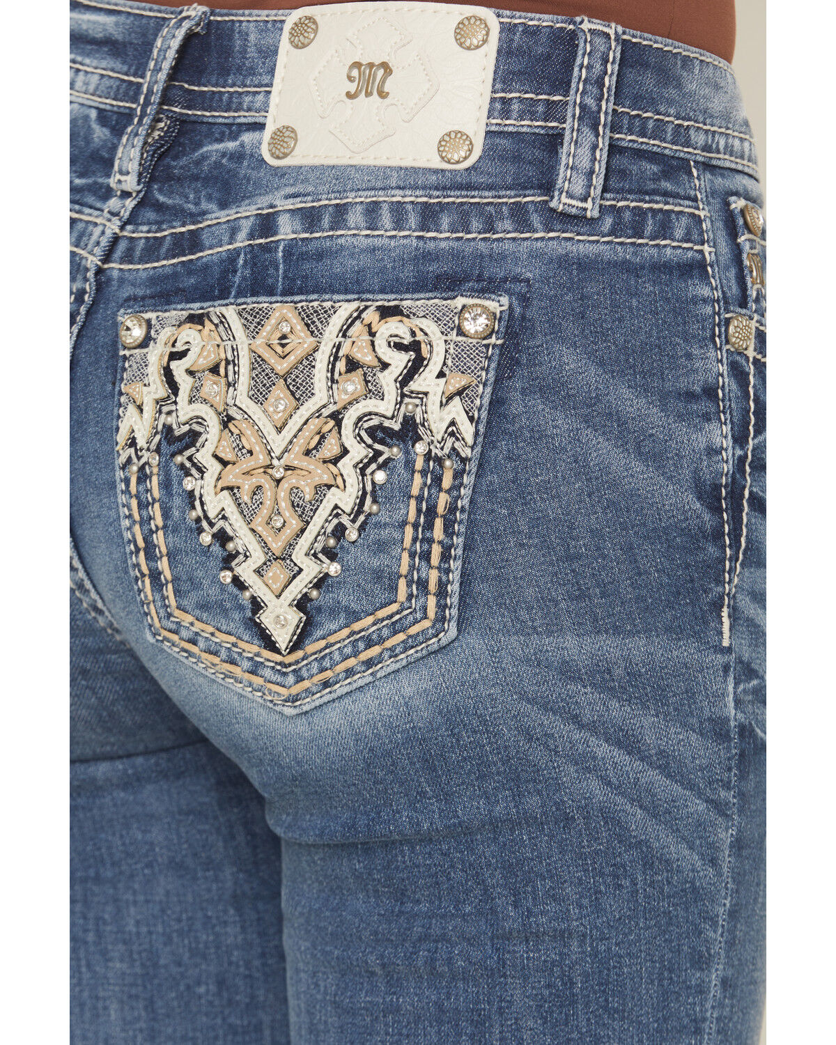 Image #2 - Miss Me Women's Medium Wash Mid Rise Geo Pocket 32" Bootcut Stretch Denim Jeans, Medium Wash, hi-res