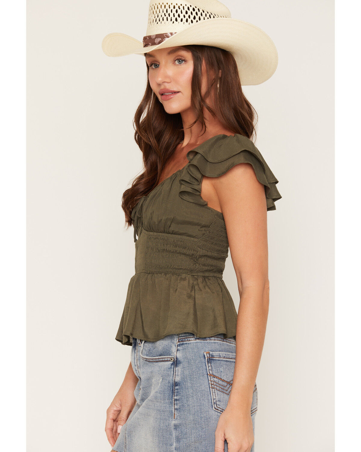 Image #2 - Ash & Violet Women's Solid Flutter Sleeve Top, Green, hi-res
