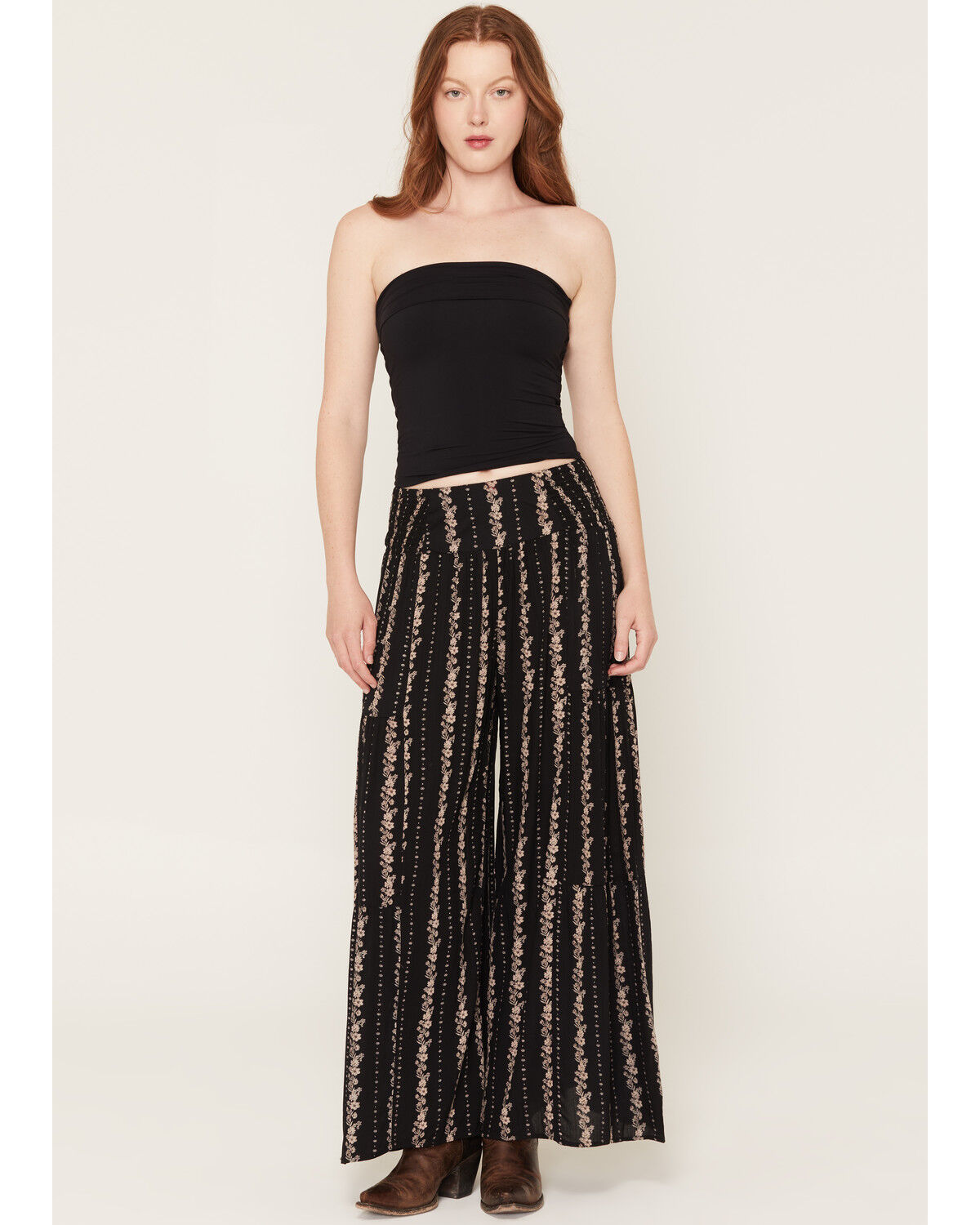 Image #1 - Angie Women's Floral Print Wide Leg Pants, Black, hi-res