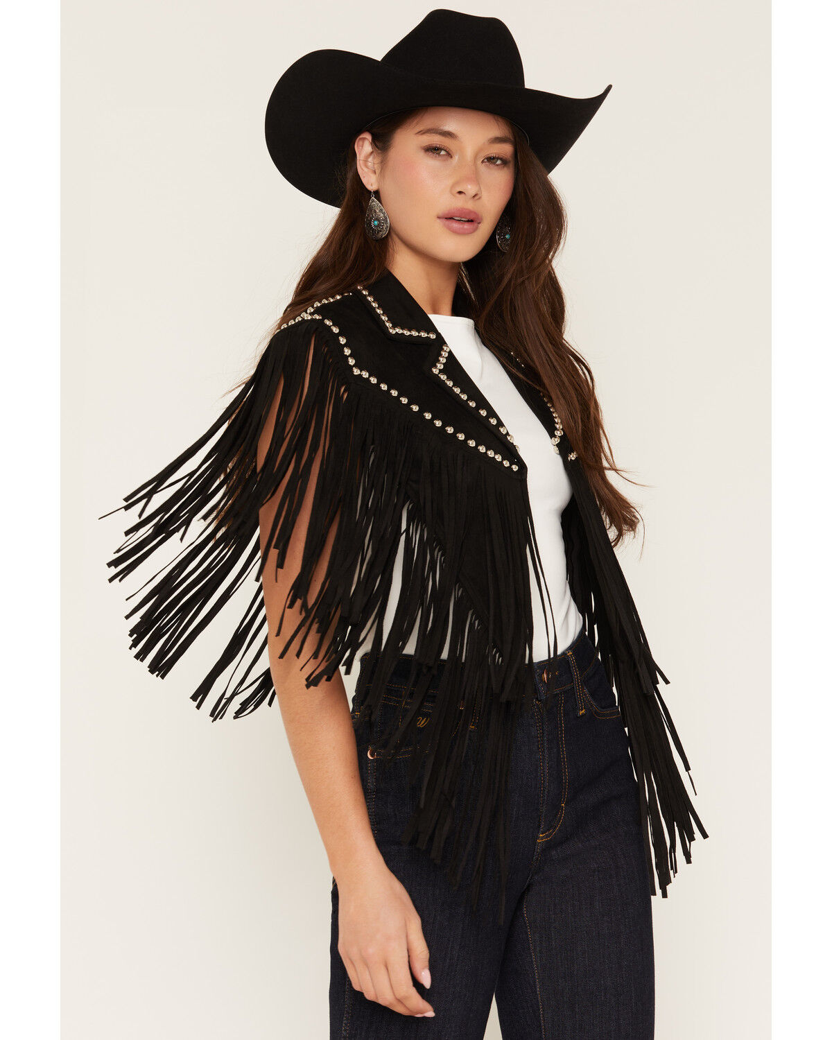 Image #2 - Saints & Hearts Women's Faux Suede Studded Fringe Capelet, Black, hi-res